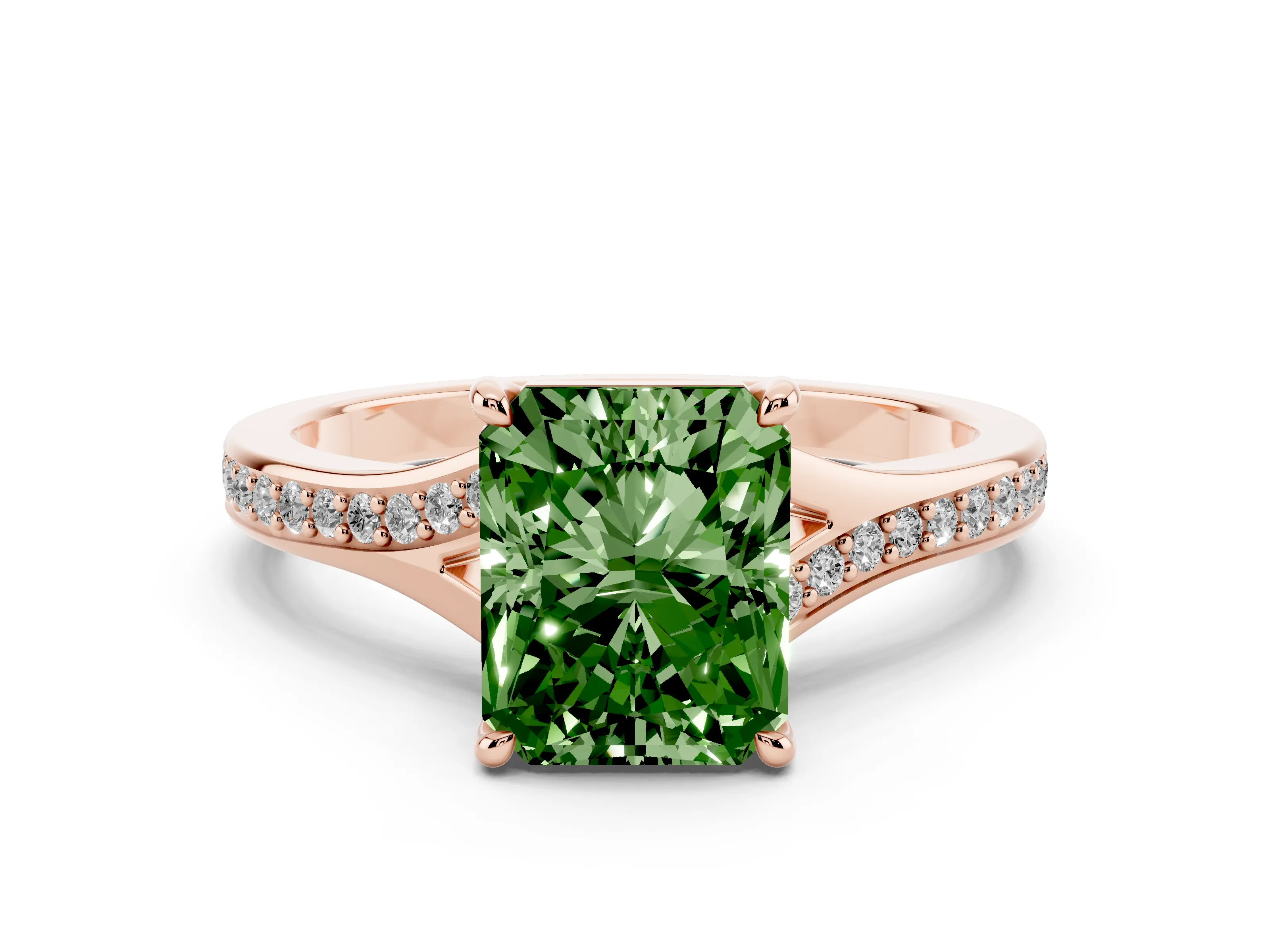 Fancy Green Radiant Cut Diamond Solitaire Ring Set in Rose gold with Pavé Accent Band and Classic Prong Setting
