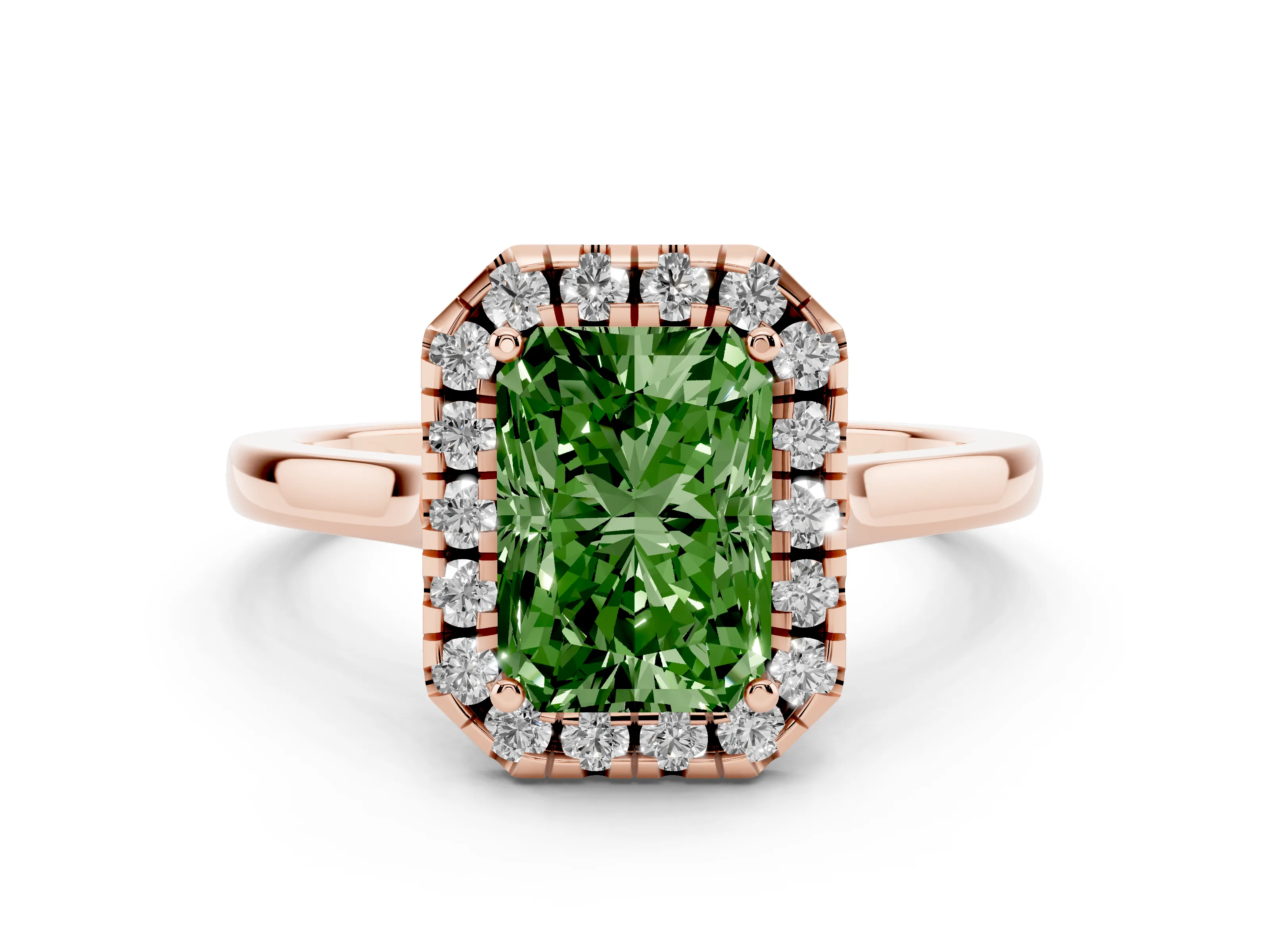 Fancy Green Radiant Cut Halo Round Diamond Solitaire Ring Set in Rose gold with Pavé Band and Prong Setting