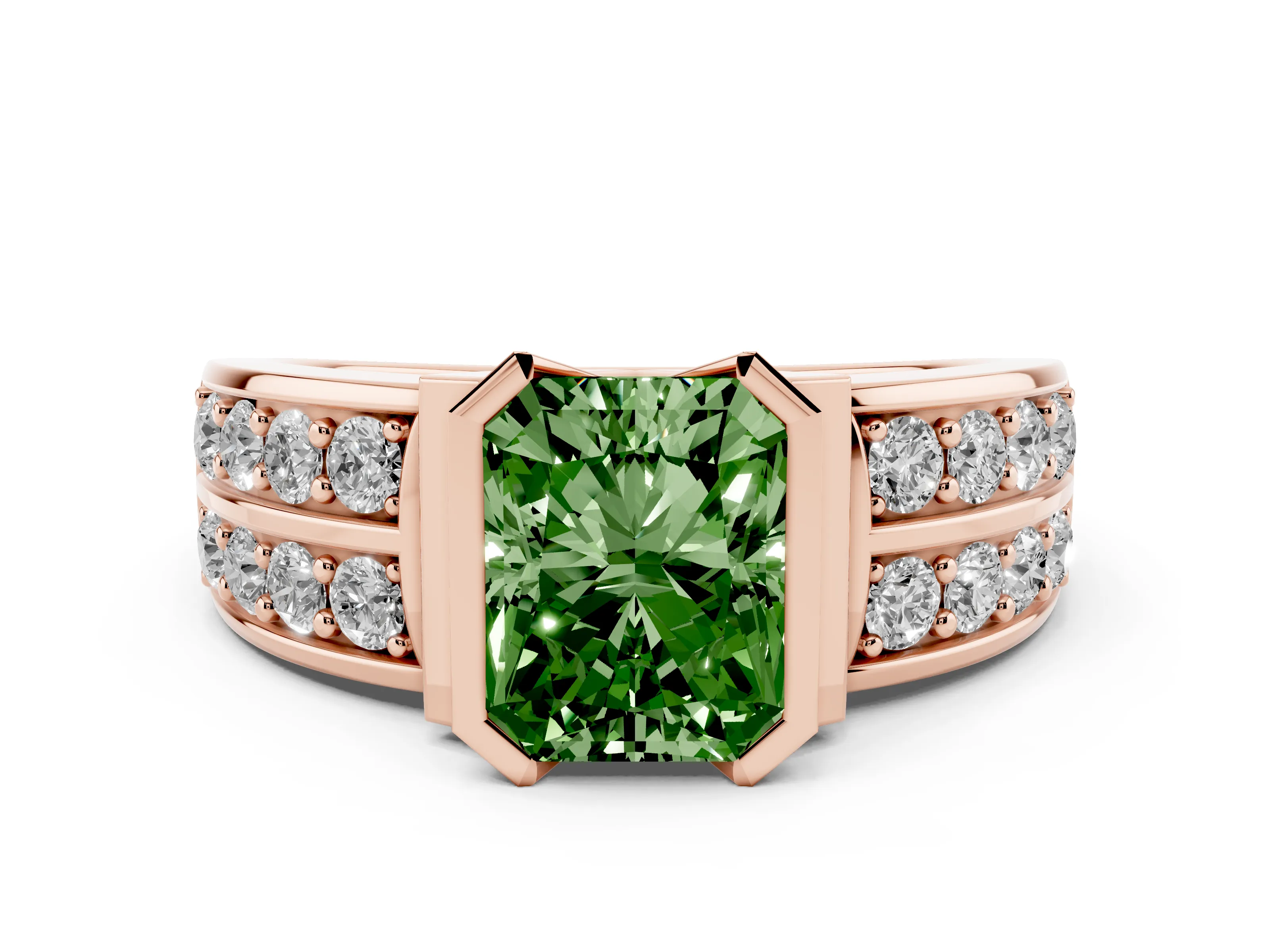 Fancy Green Radiant Cut Diamond Wide Channel Set Band Ring Set in Rose gold with Bezel Setting