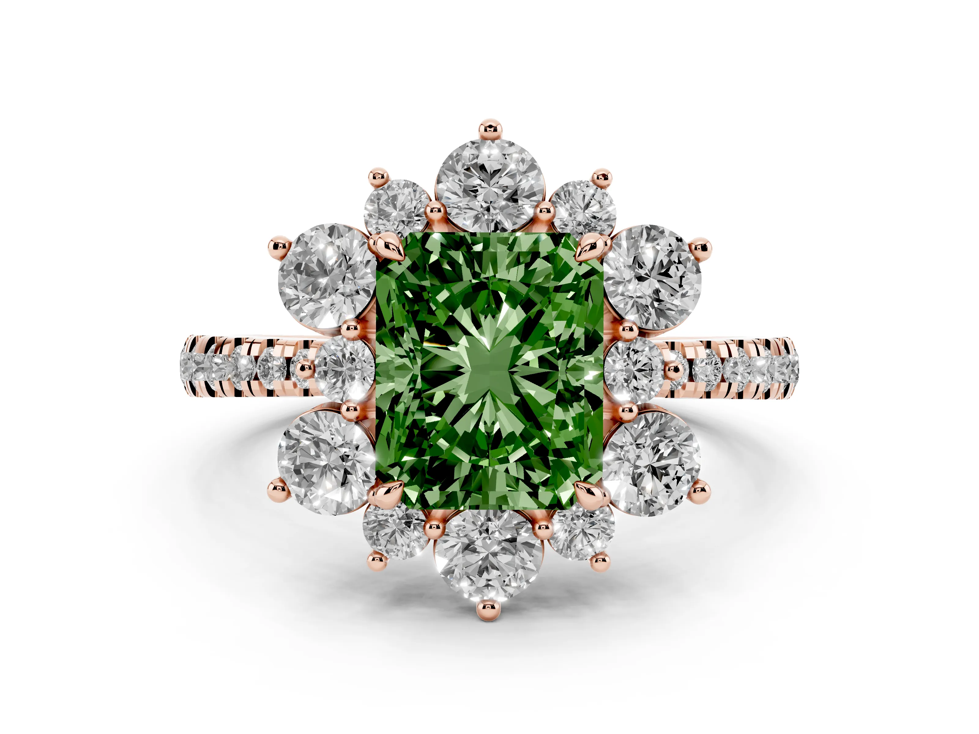 Fancy Green Radiant Cut Diamond Floral Halo Ring Set in Rose gold with Round Pavé Band and Prong Setting