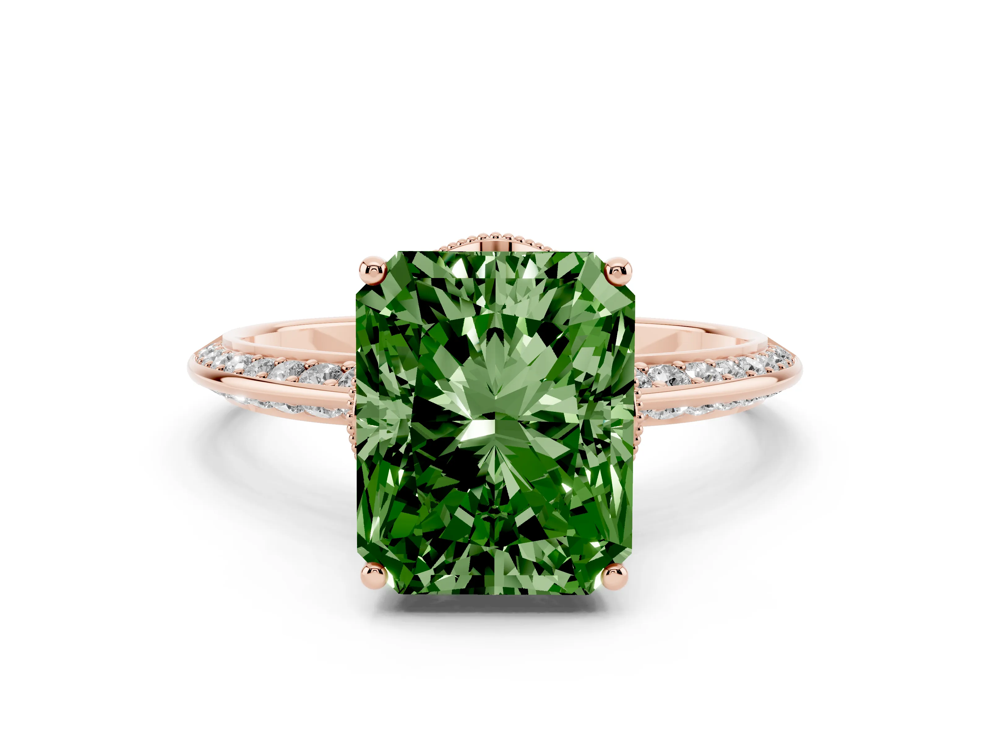 Fancy Green Radiant Cut Diamond Solitaire Engagement Ring Set in Rose gold with Pavé Split Shank and Prong Setting