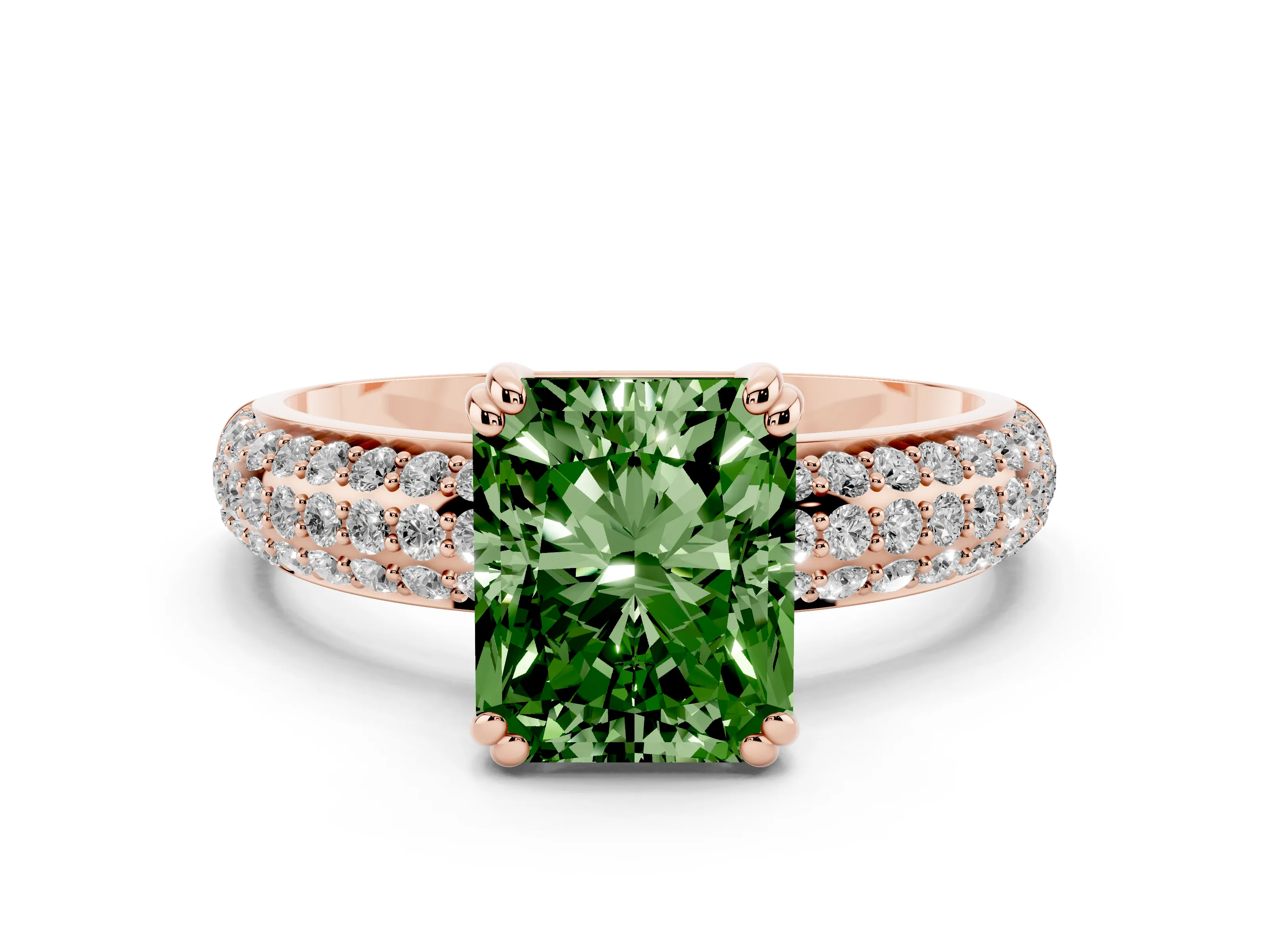 Fancy Green Radiant Cut Diamond Solitaire Ring Set in Rose gold with Multi-Row Round Pavé Band and Prong Setting