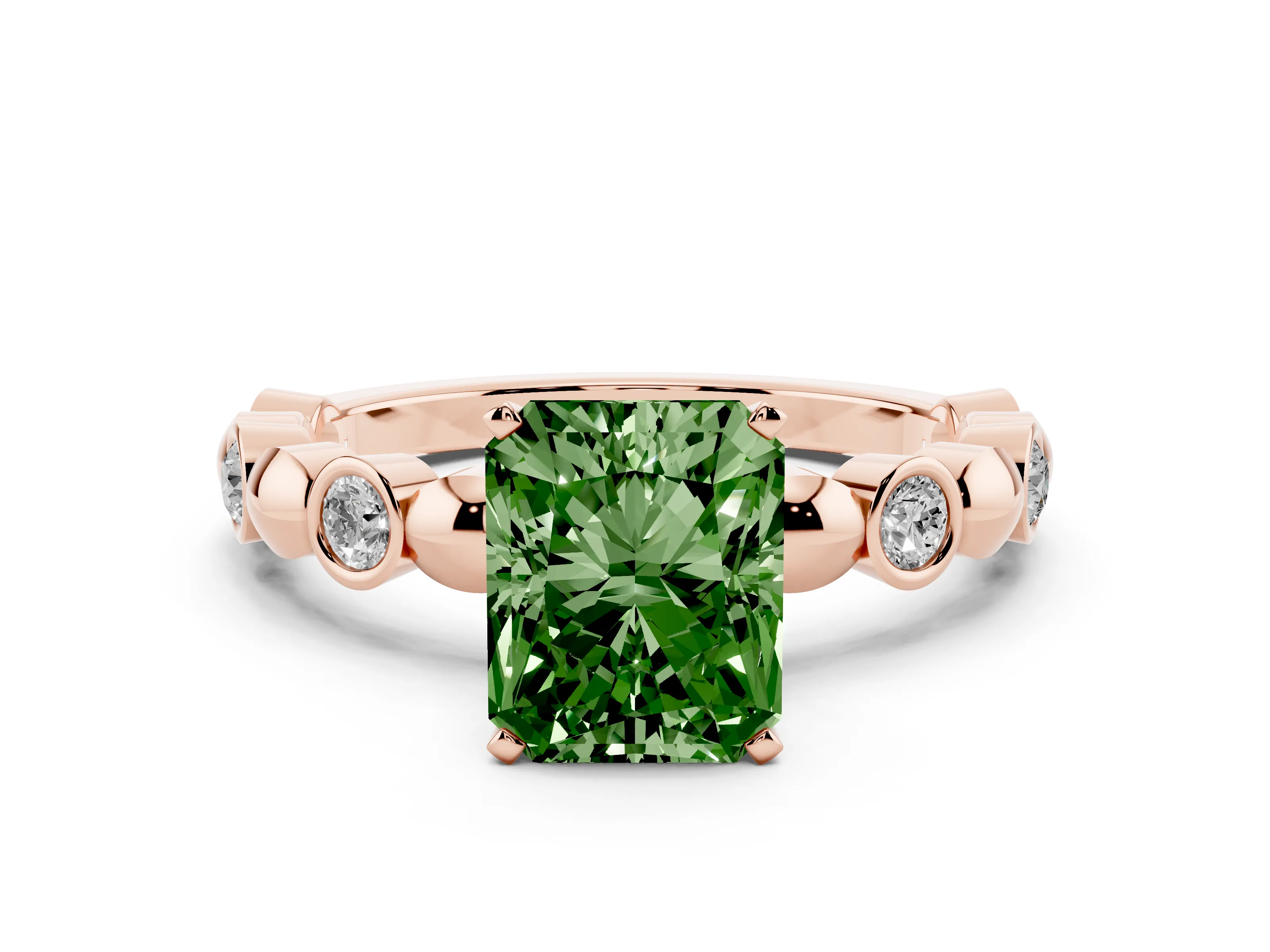Fancy Green Radiant Cut Diamond Solitaire Ring Set in Rose gold with Bezel-Set Accents on Beaded Band and Prong Setting