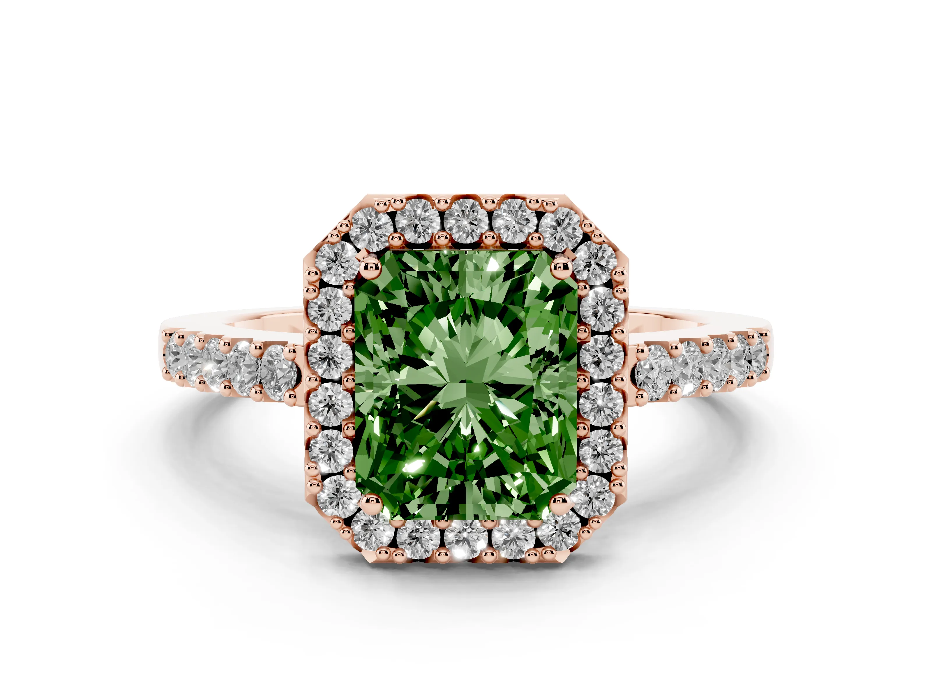 Fancy Green Radiant Cut Diamond Halo Pavé Solitaire Ring Set in Rose gold with Prong-Set Center Stone