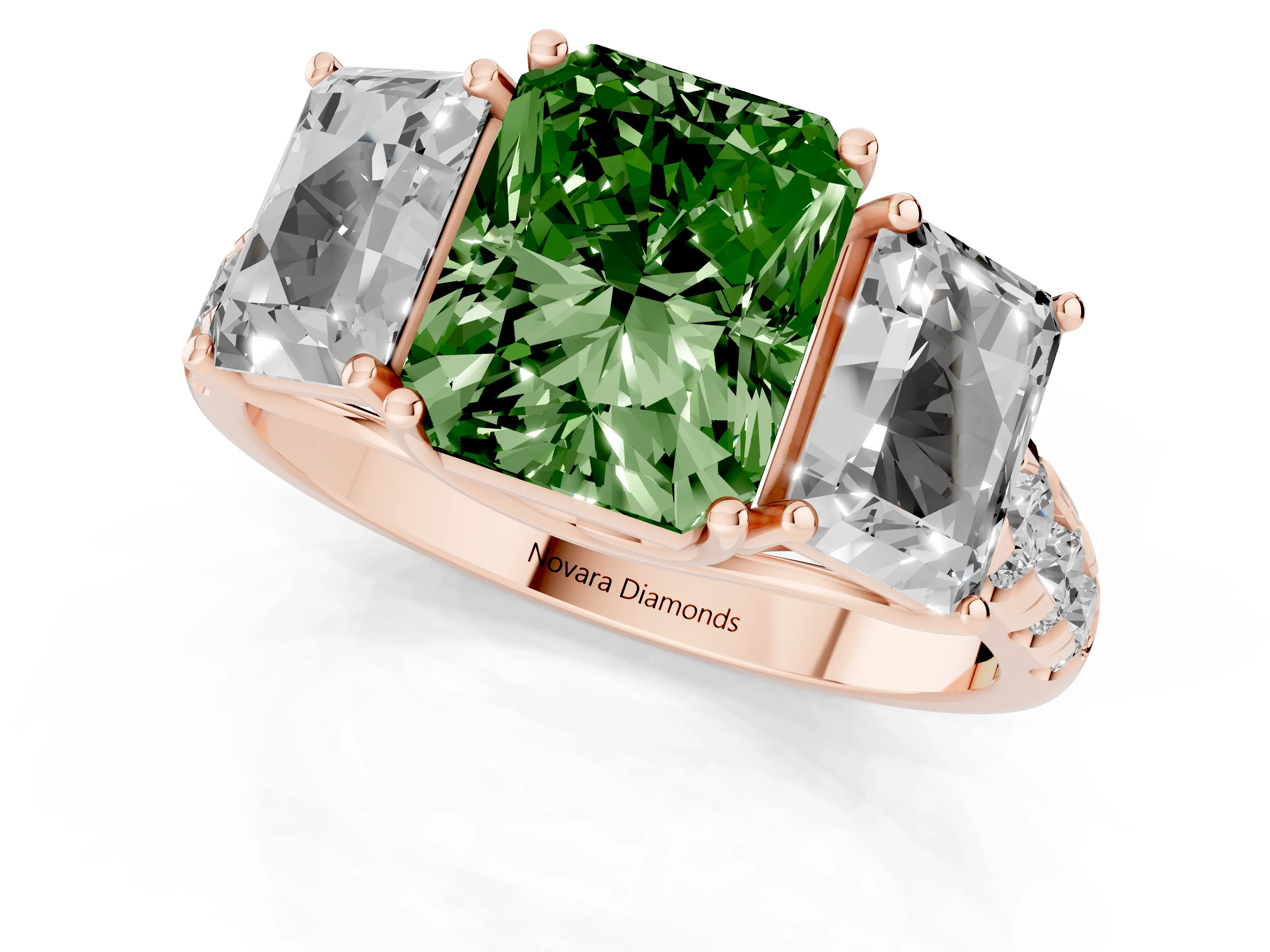 Fancy Green Radiant Cut Diamond Three-Stone Ring Set in Rose gold with Pavé Band