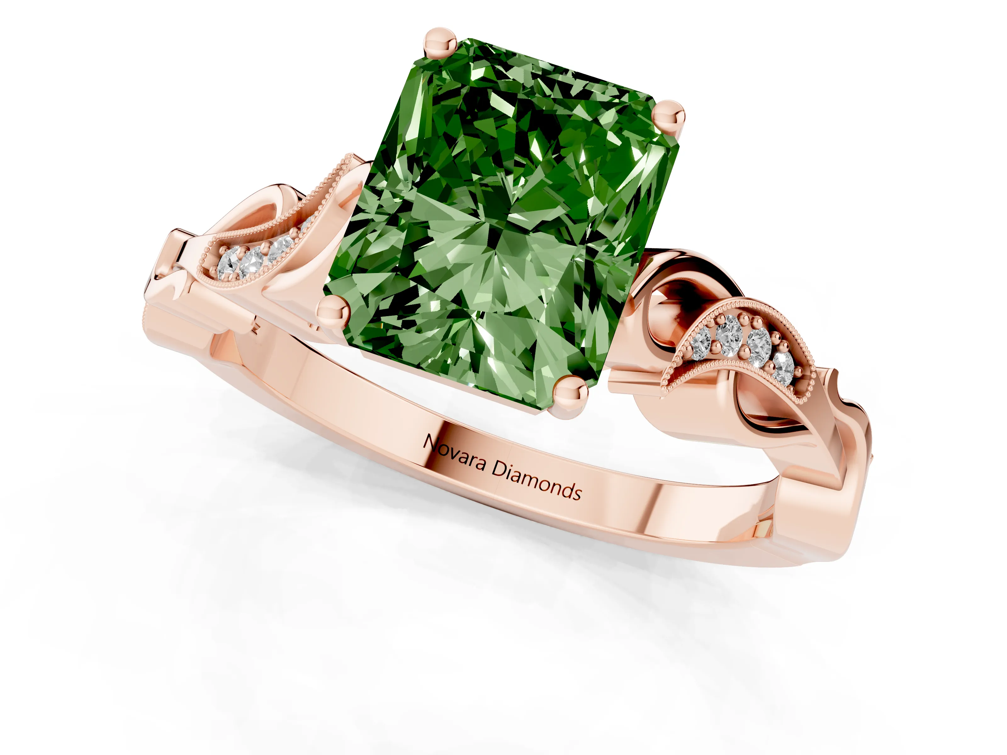 Fancy Green Radiant Cut Diamond Vine Band Solitaire Ring Set in Rose gold with Milgrain Prong Setting