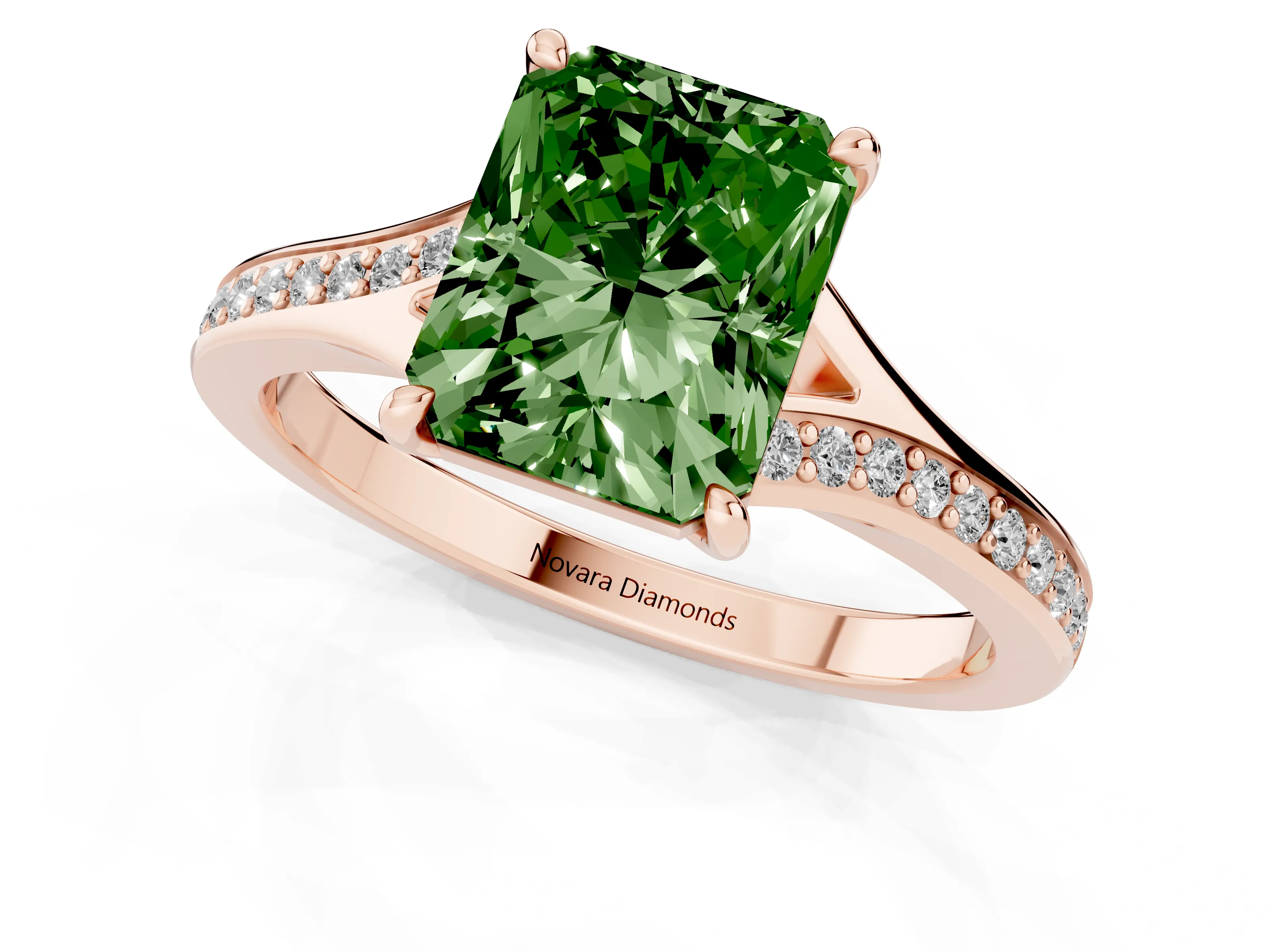 Fancy Green Radiant Cut Diamond Solitaire Ring Set in Rose gold with Pavé Accent Band and Classic Prong Setting