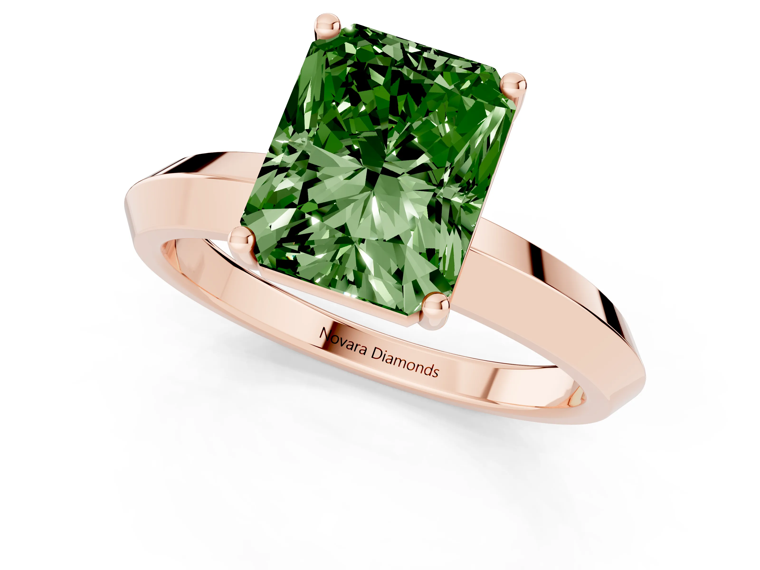 Fancy Green Radiant Cut Diamond Solitaire Engagement Ring Set in Rose gold with Flat Band and Prong Setting