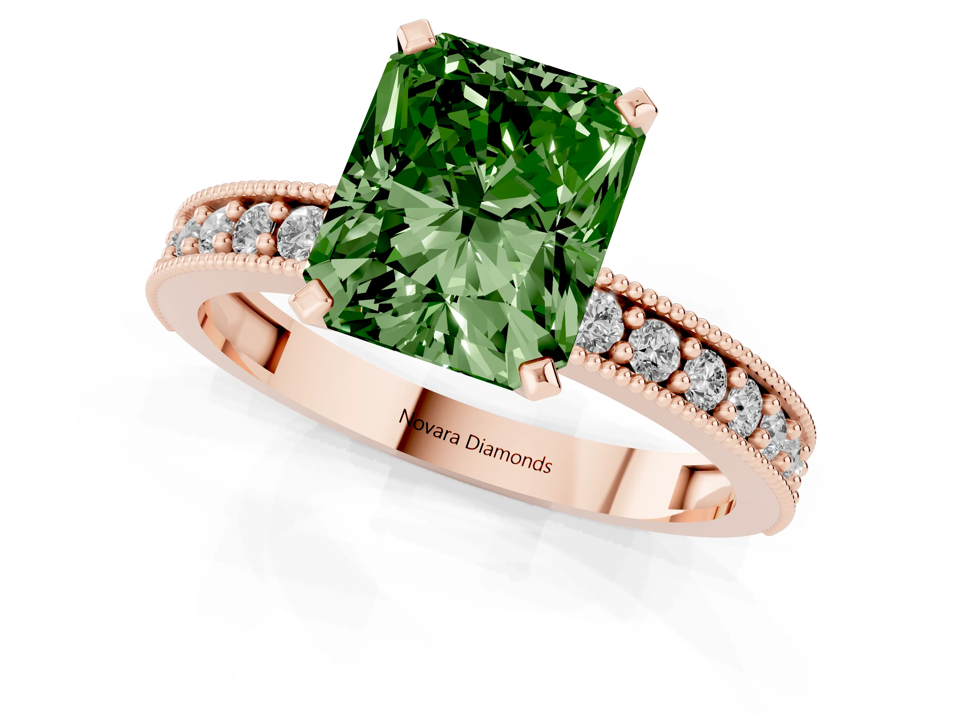Fancy Green Radiant Cut Diamond Milgrain Pavé Engagement Ring Set in Rose gold with Prong Setting
