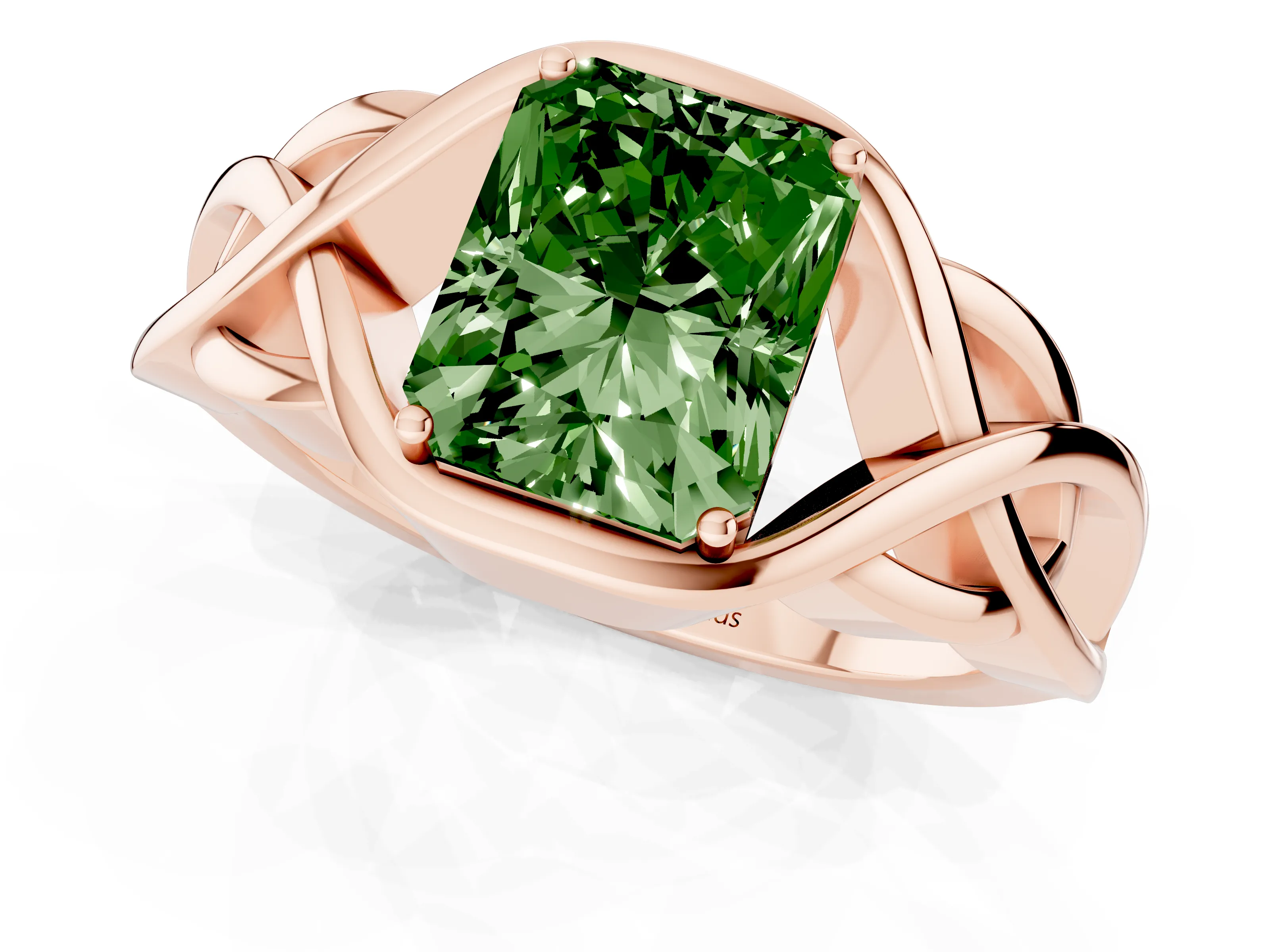 Fancy Green Radiant Cut Diamond Solitaire Ring Set in Rose gold with Intertwined Band