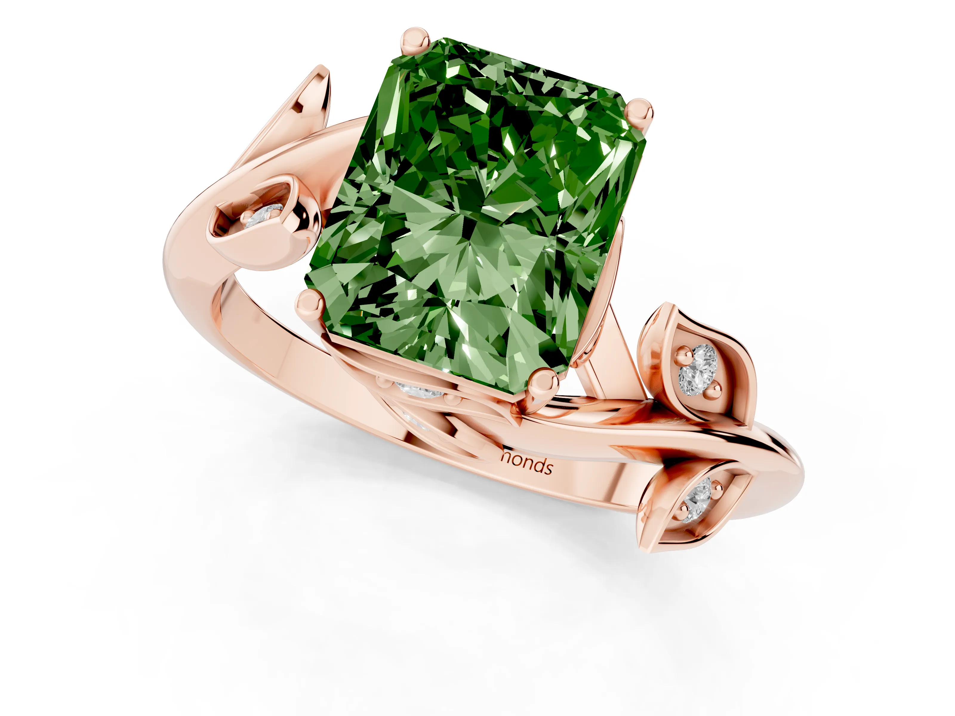 Fancy Green Radiant Cut Diamond Solitaire Twist Engagement Ring Set in Rose gold with Pavé Leaf Accents