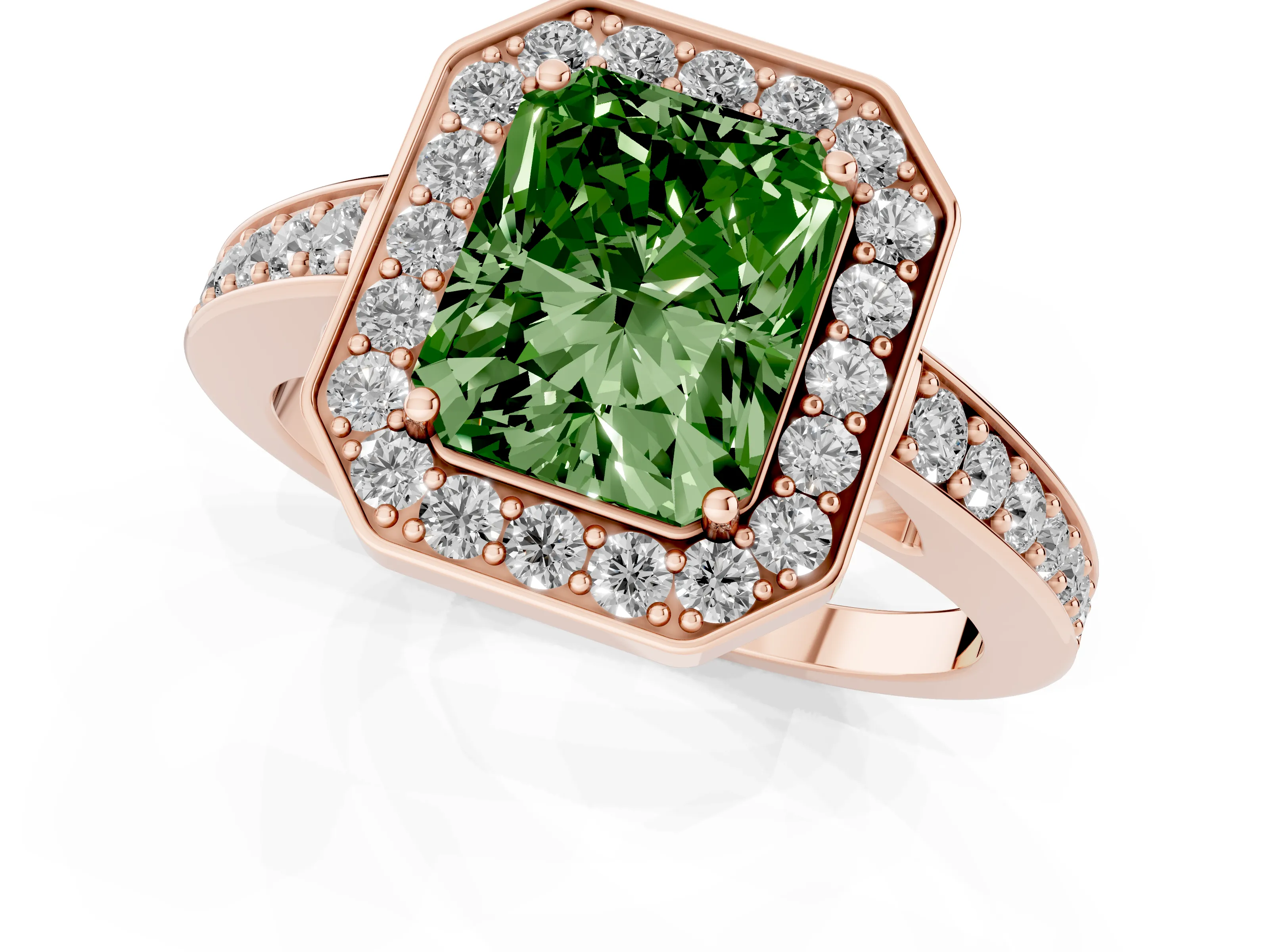 Fancy Green Radiant Cut Diamond Halo Pavé Engagement Ring Set in Rose gold with Bezel Setting