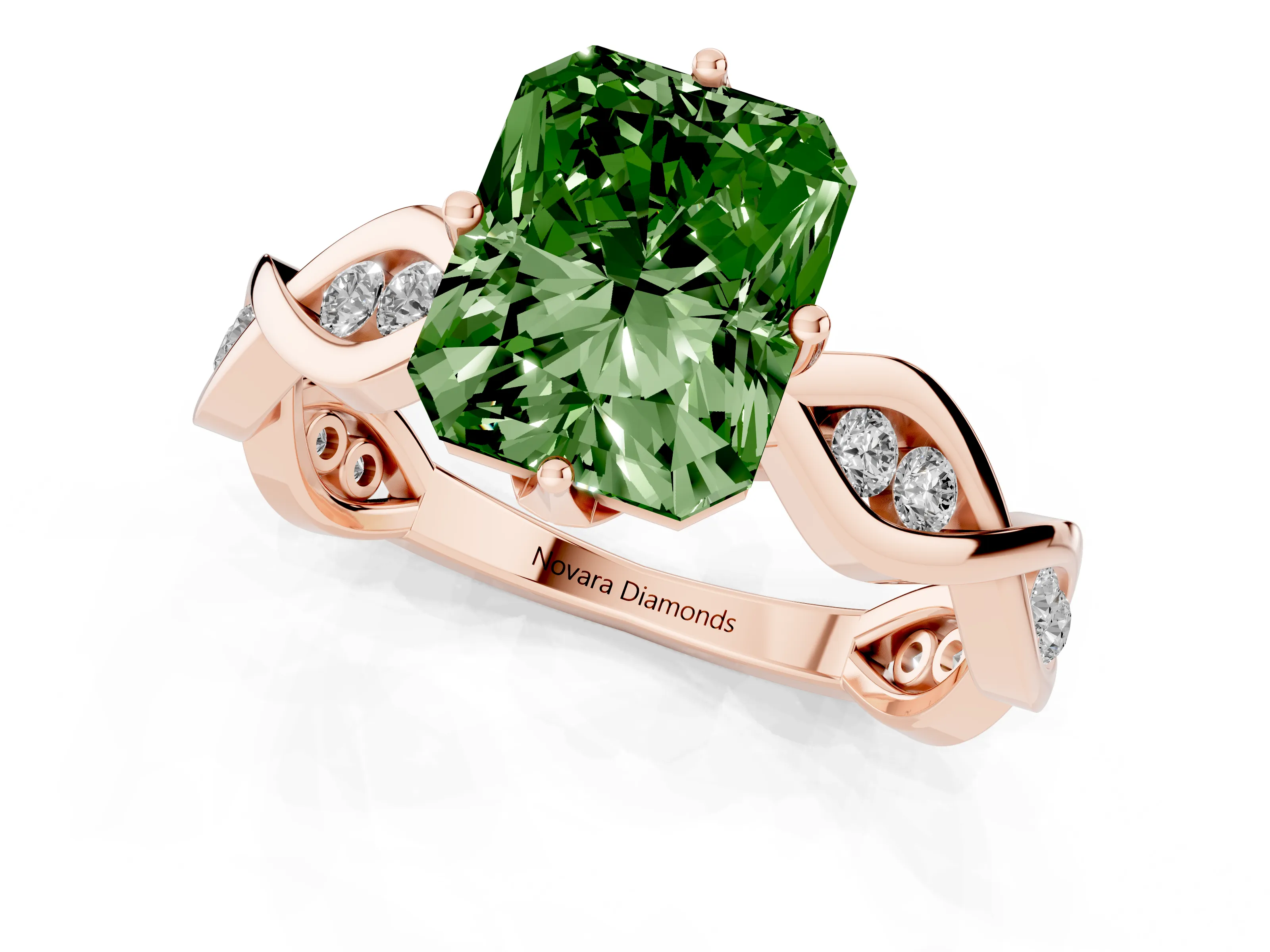 Fancy Green Radiant Cut Diamond Twist Band Solitaire Ring Set in Rose gold with Leaf Prong Setting and Accent Stones