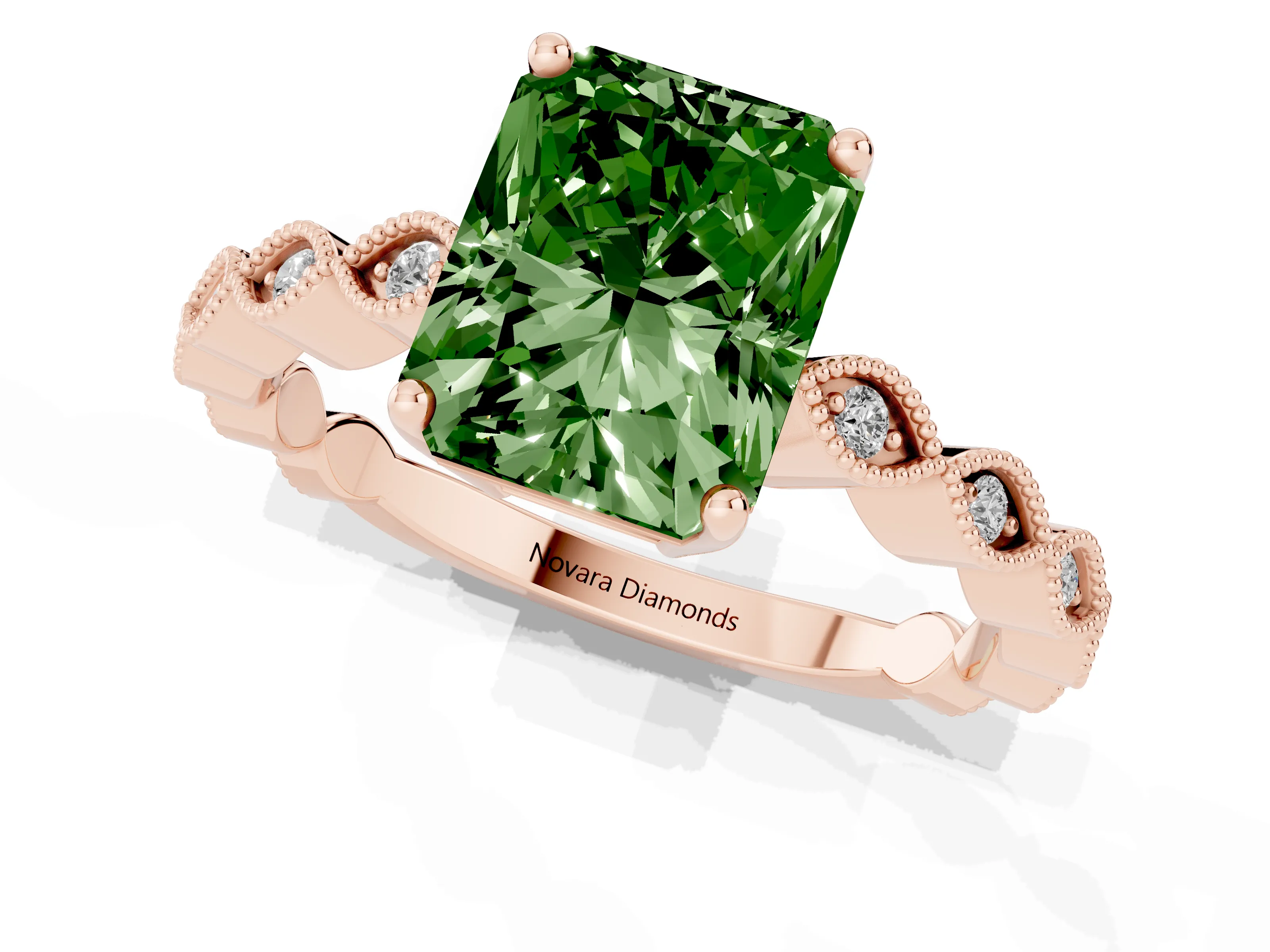 Fancy Green Radiant Cut Diamond Solitaire Ring Set in Rose gold with Infinity Twist Pavé Band