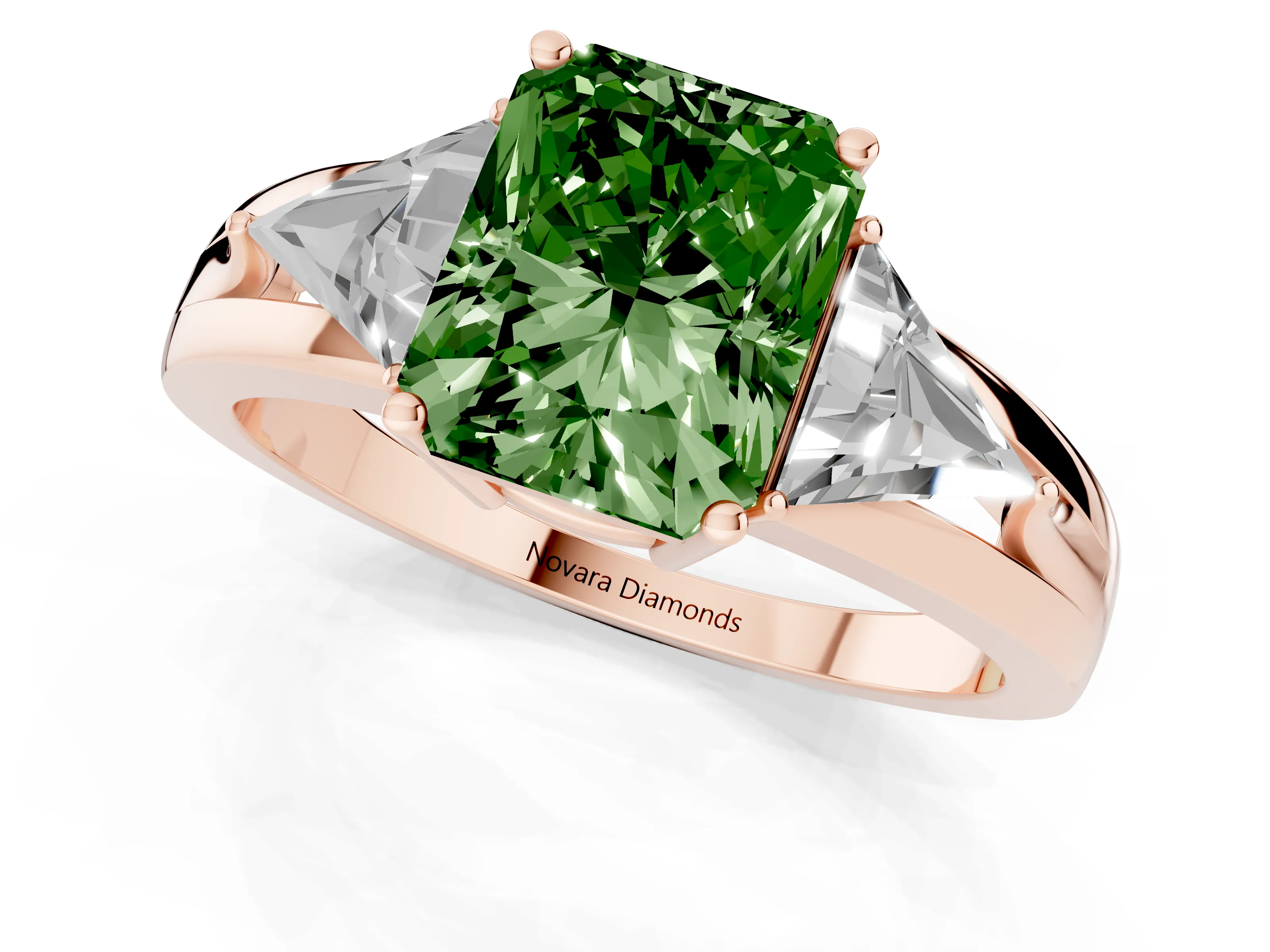 Fancy Green Radiant Cut Diamond Three-Stone Ring Set in Rose gold with Trillion Side Stones and Split Shank
