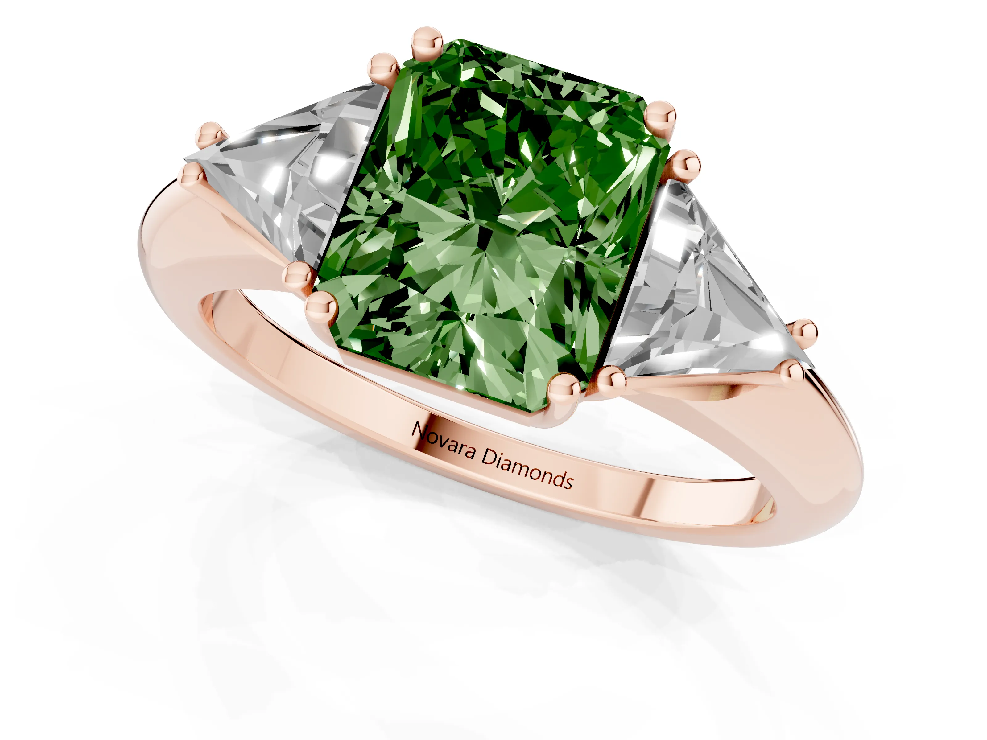 Fancy Green Radiant Cut Diamond Three-Stone Engagement Ring Set in Rose gold with Trillion Side Stones