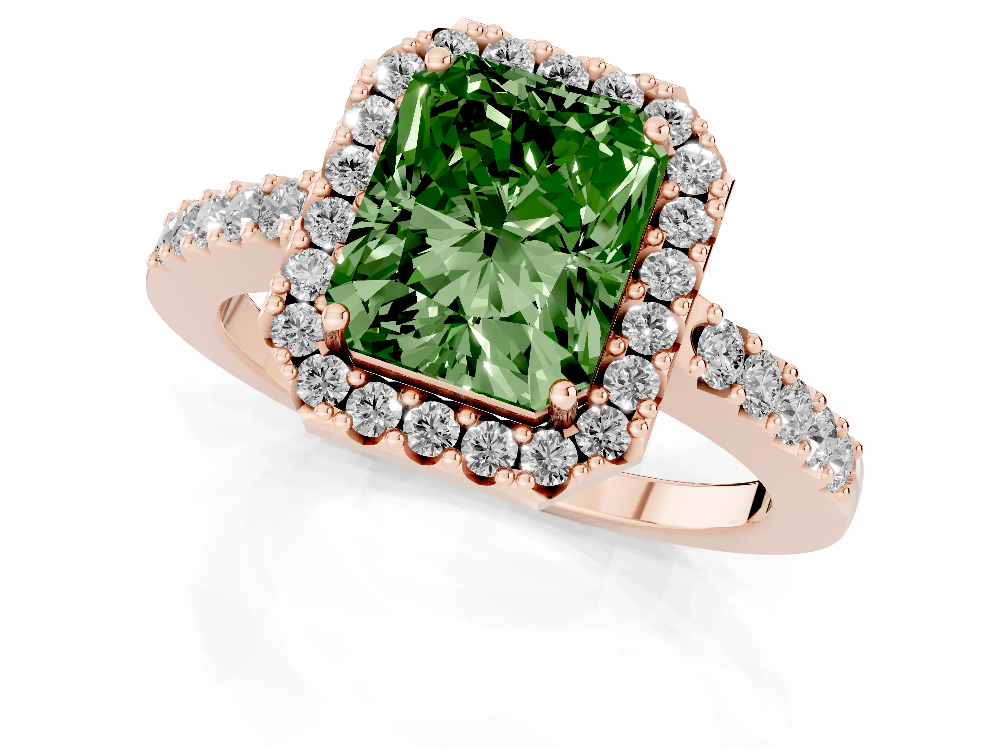 Fancy Green Radiant Cut Diamond Halo Pavé Solitaire Ring Set in Rose gold with Prong-Set Center Stone