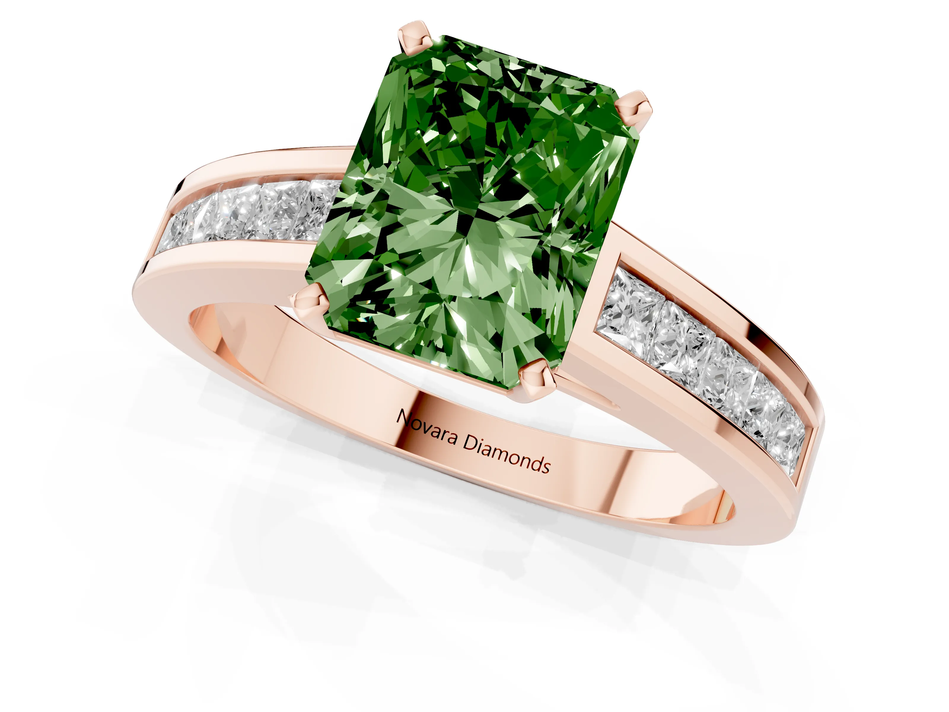 Fancy Green Radiant Cut Diamond Solitaire Ring Set in Rose gold with Channel-Set Band and Prong Setting