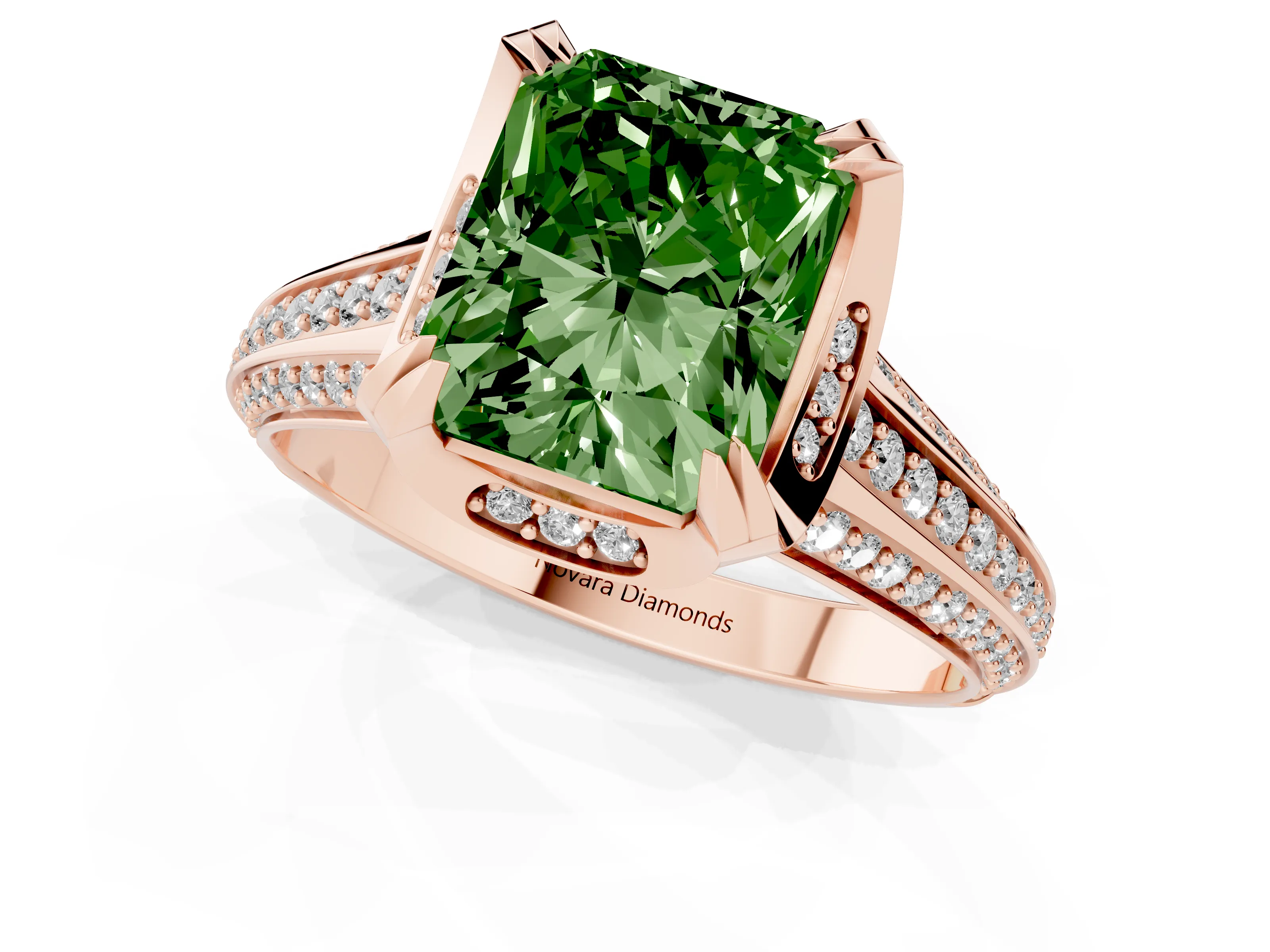 Fancy Green Radiant Cut Diamond Pavé Split Shank Solitaire Ring Set in Rose gold with Prong Setting