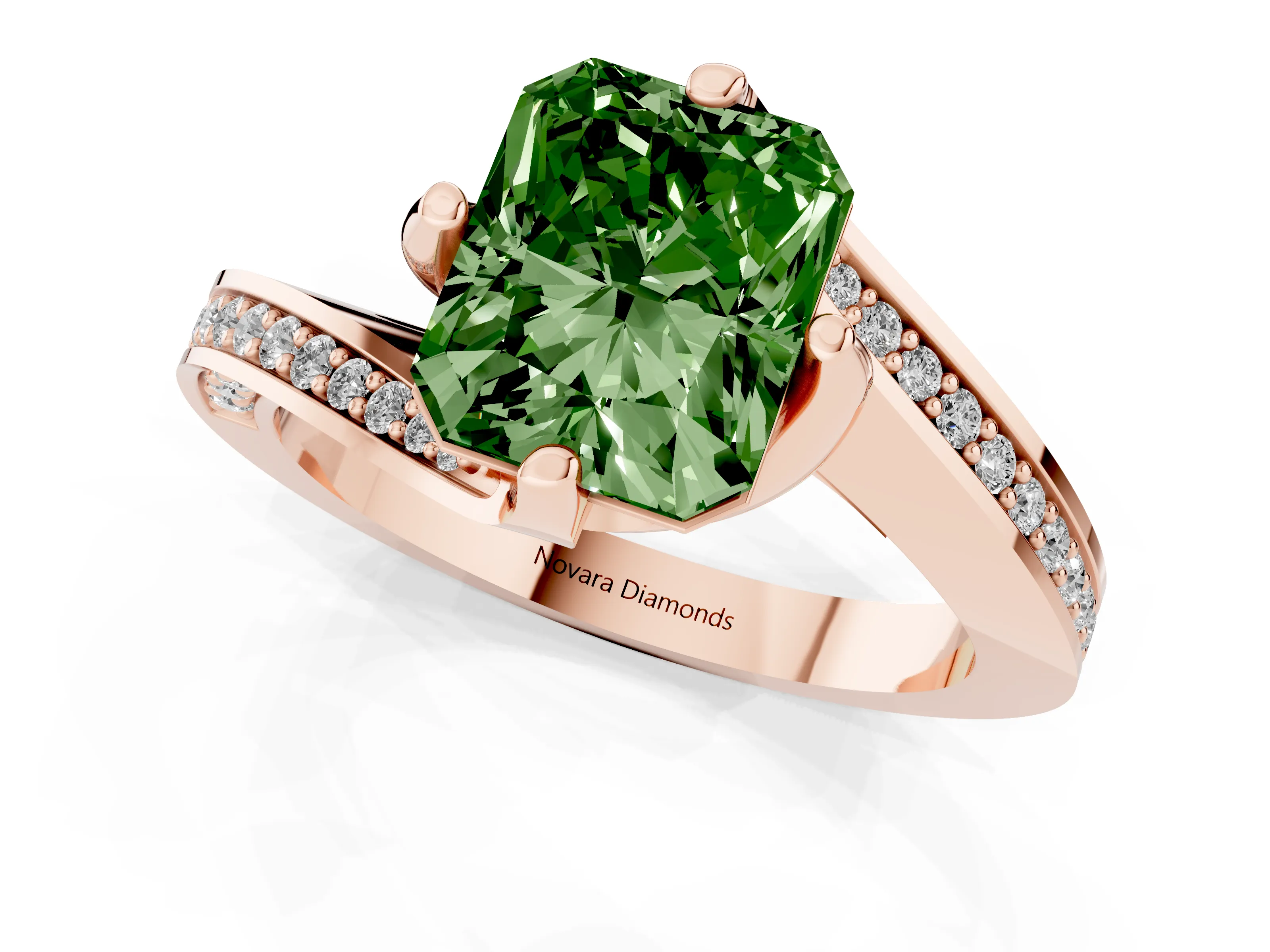 Fancy Green Radiant Cut Diamond Solitaire Ring Set in Rose gold with Intertwined Pavé Twist Band