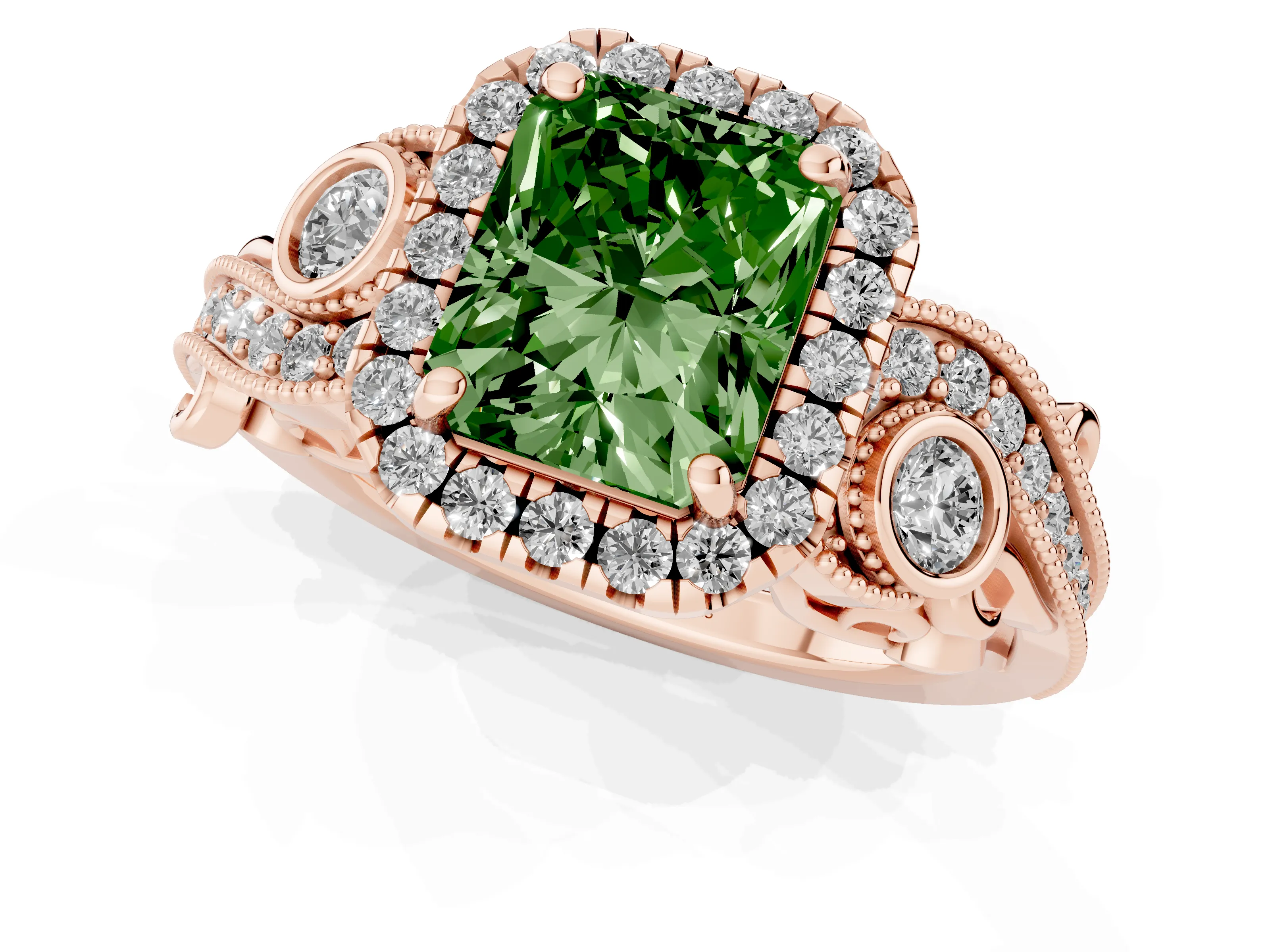Fancy Green Radiant Cut Diamond Halo Ring Set in Rose gold with Milgrain Pavé Band and Prong Setting