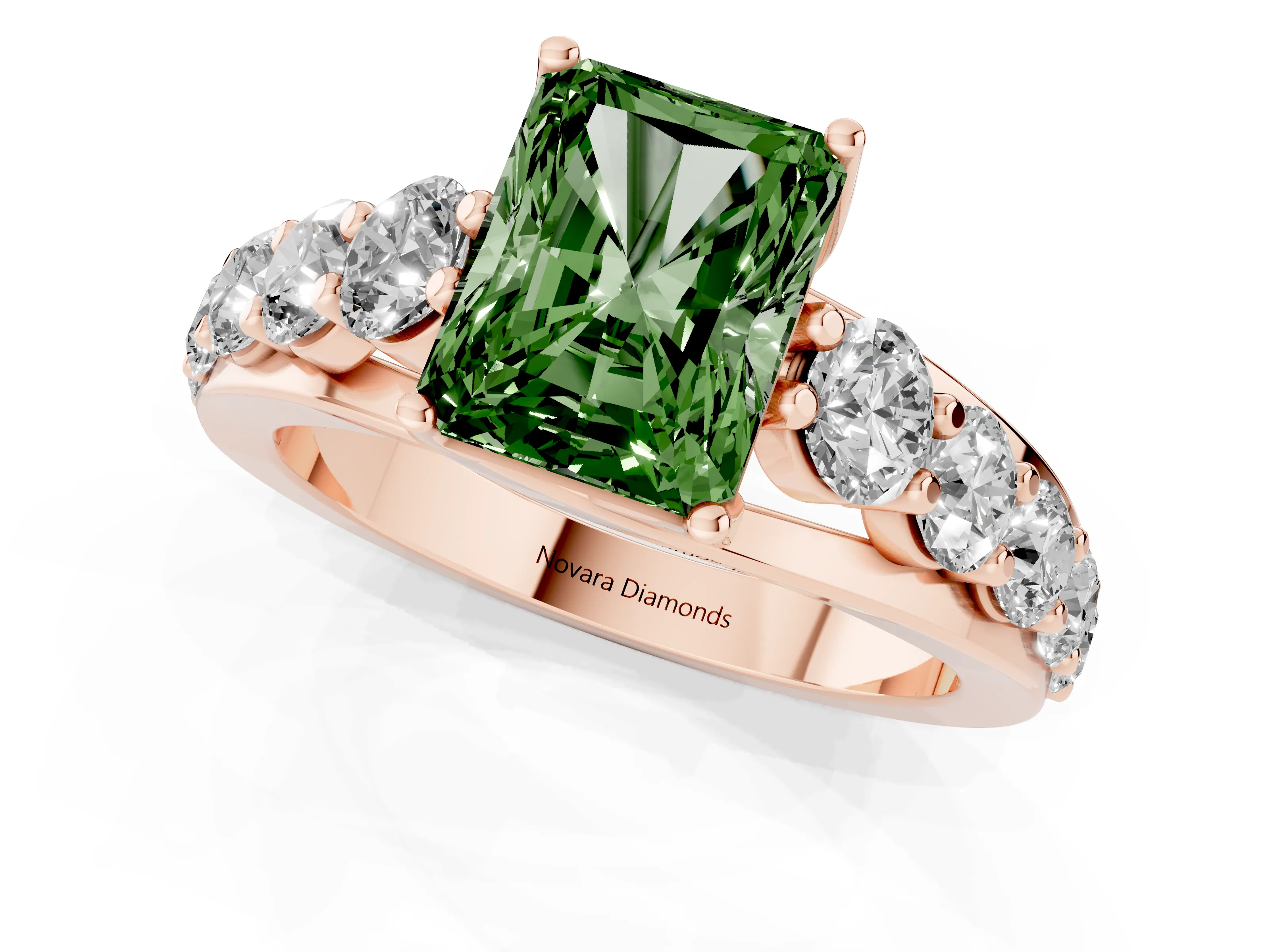 Fancy Green Radiant Cut Diamond Pavé Engagement Ring Set in Rose gold with Prong Setting
