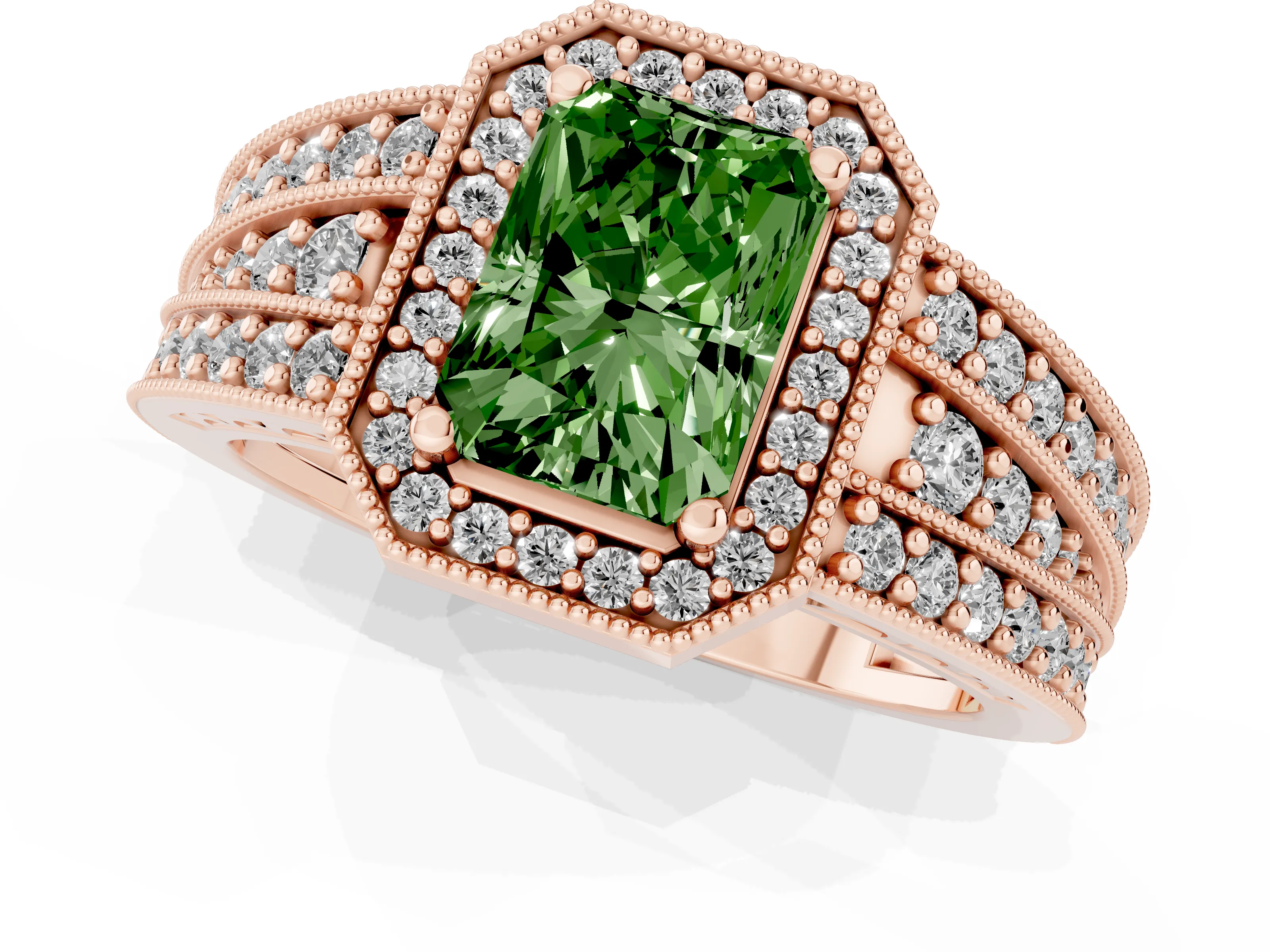 Fancy Green Radiant Cut Diamond Halo Ring Set in Rose gold with Accent Split Shank and Prong Setting