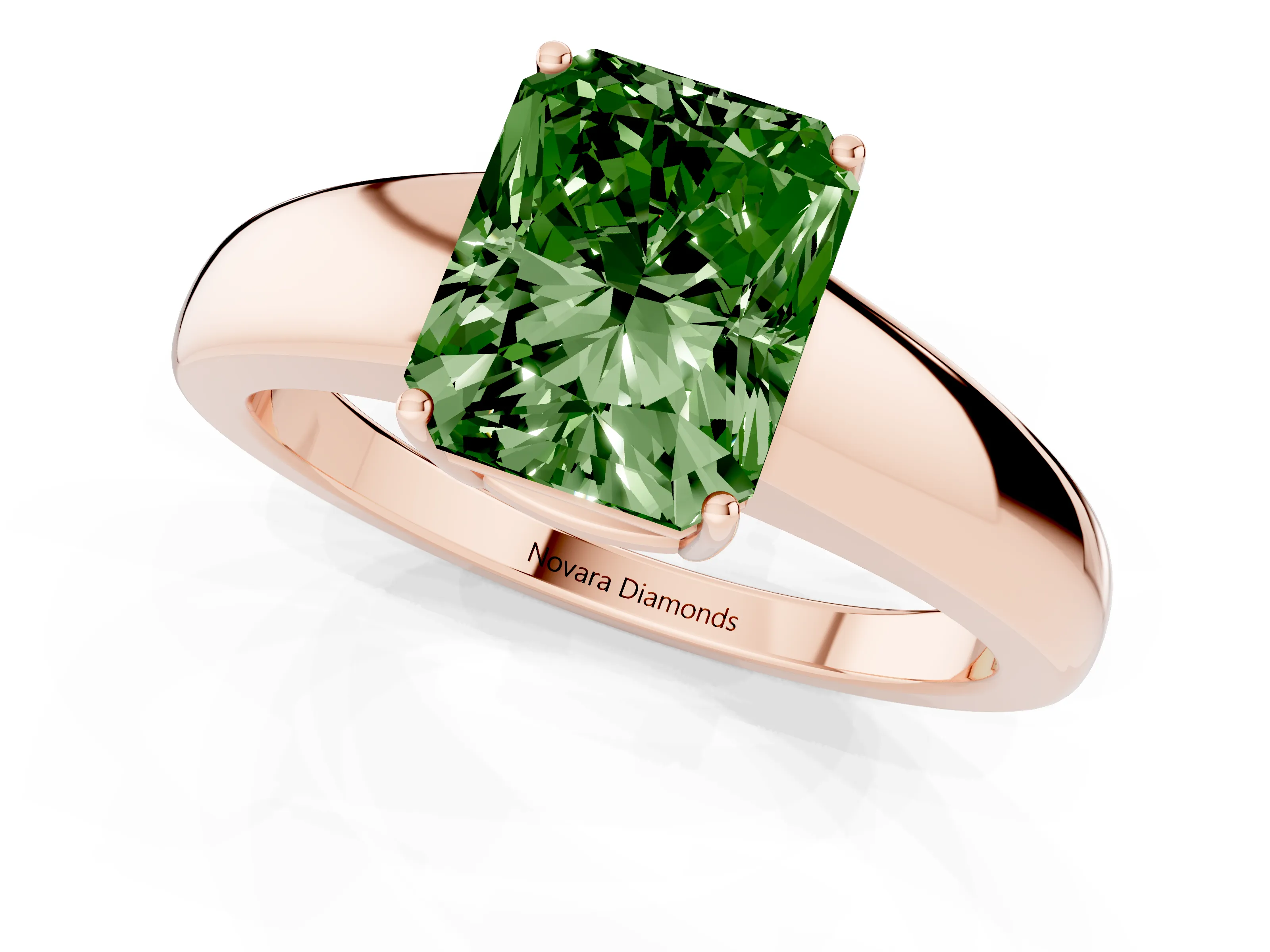 Fancy Green Radiant Cut Diamond Solitaire Ring Set in Rose gold with Tapered Band and Prong Setting