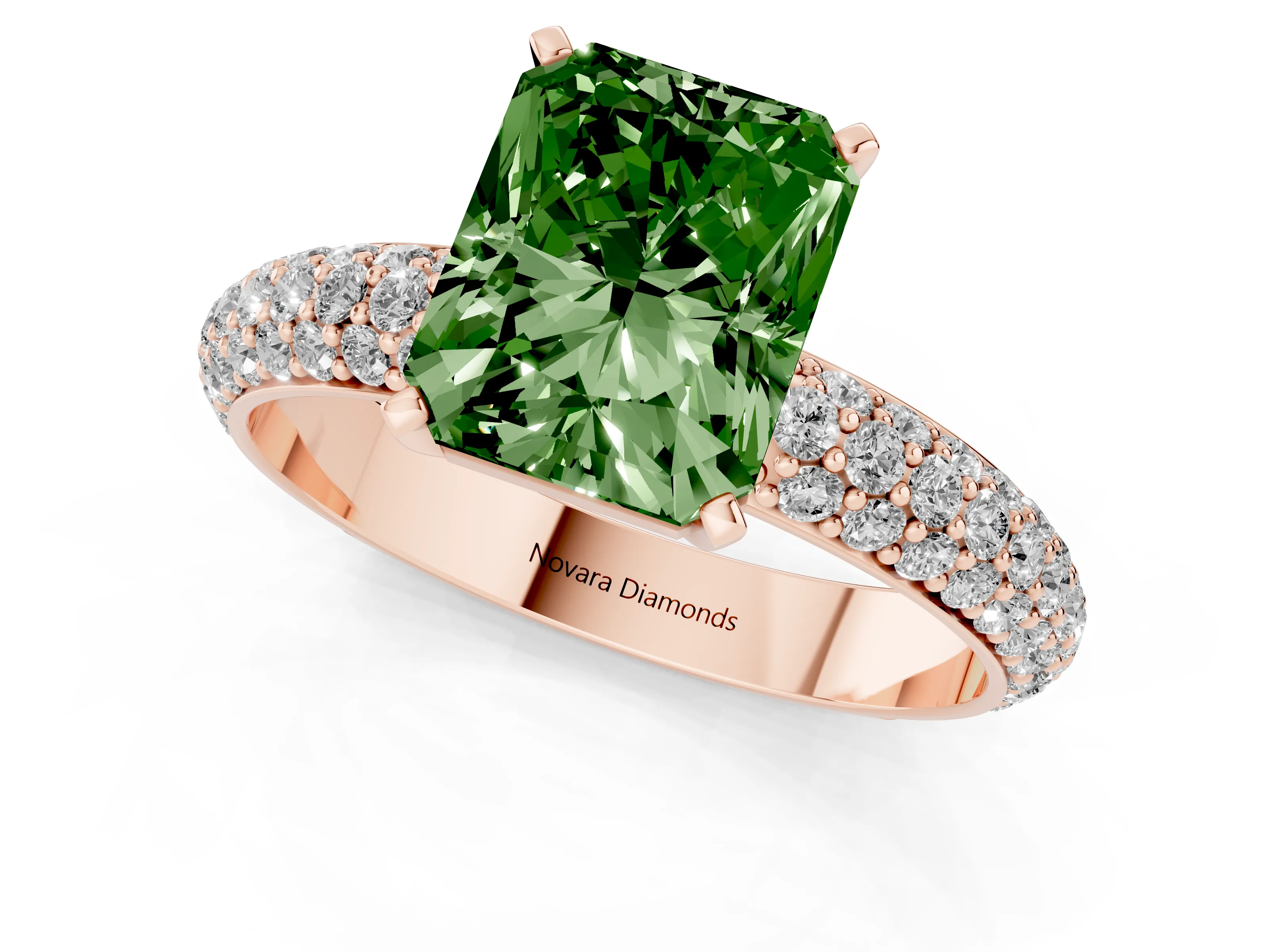 Fancy Green Radiant Cut Diamond Solitaire Ring Set in Rose gold with Prong Setting and Pavé-Set Band