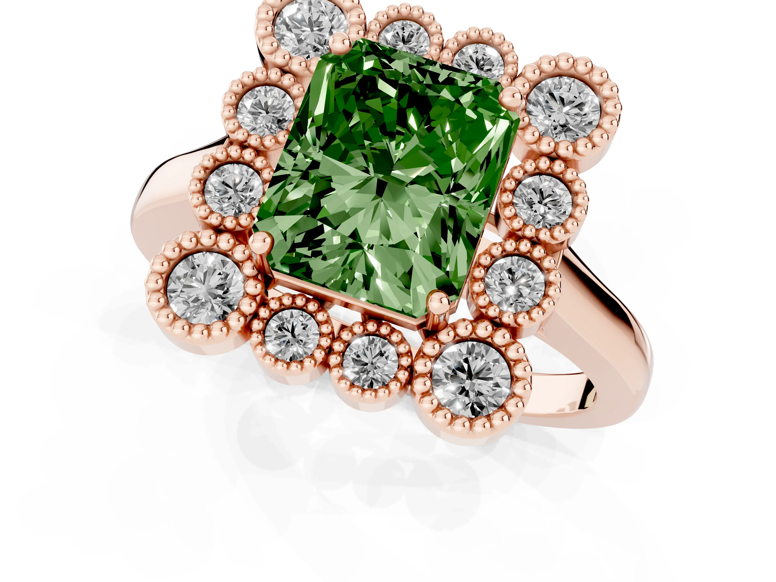 Fancy Green Radiant Cut Diamond Cluster Halo Ring Set in Rose gold with Milgrain Bezel Accents and Plain Band