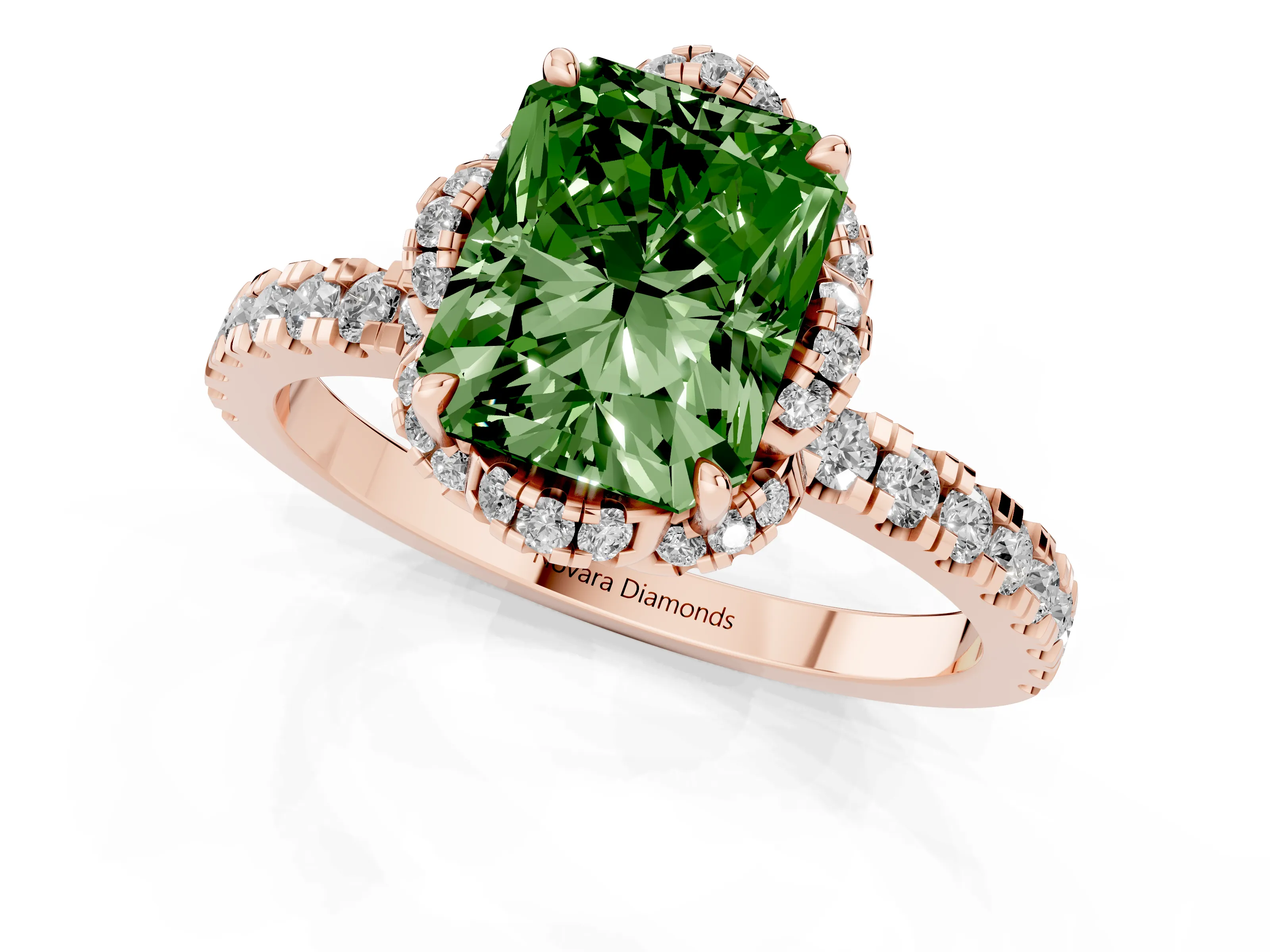 Fancy Green Radiant Cut Diamond Halo Pavé Band Ring Set in Rose gold with Prong-Held Center