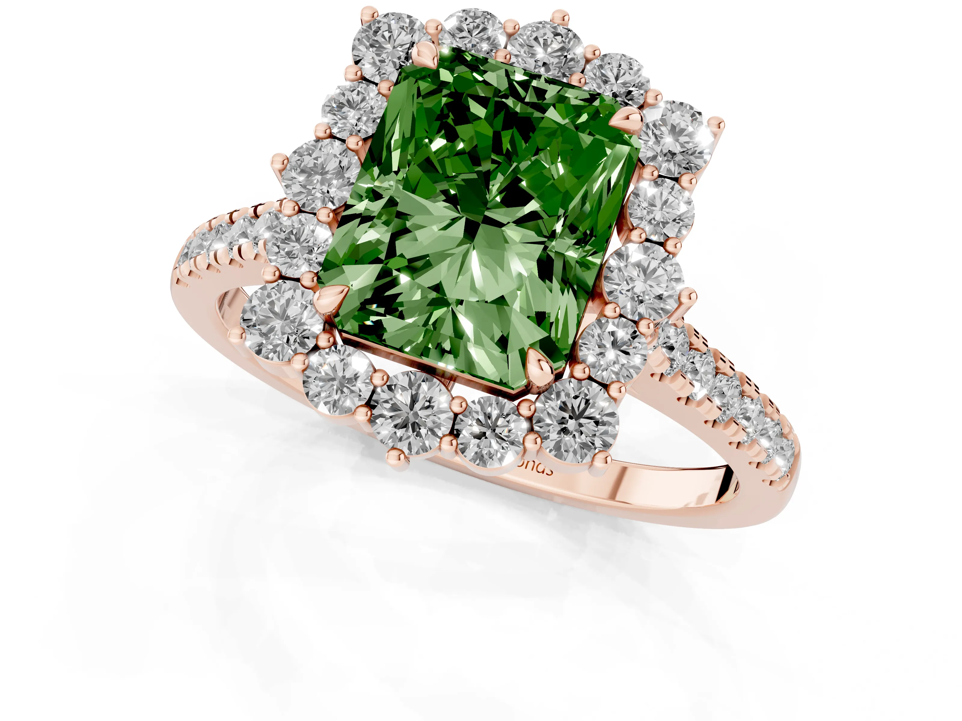 Fancy Green Radiant Cut Diamond Halo Ring Set in Rose gold with Pavé Band and Prong Setting