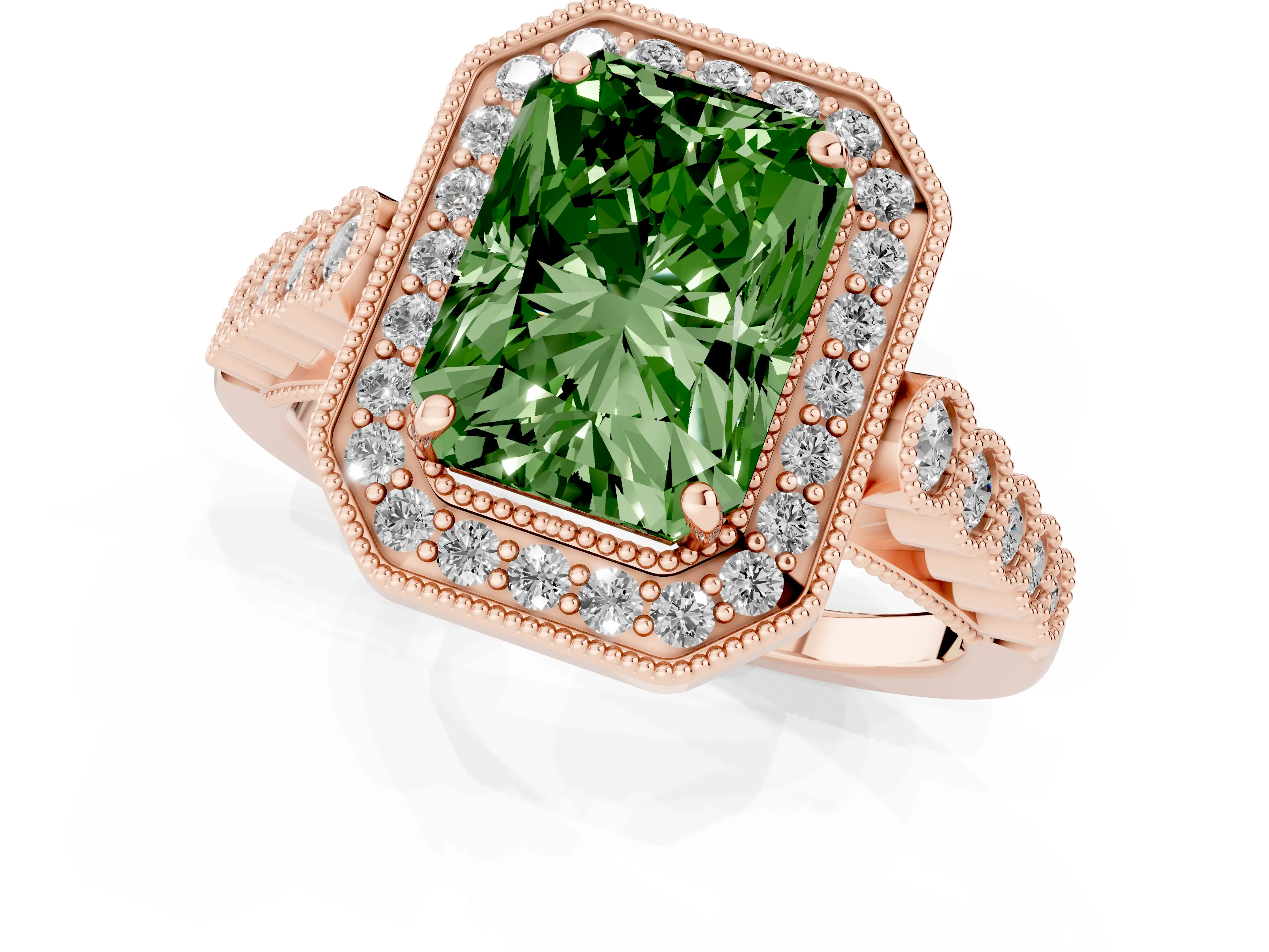 Fancy Green Radiant Cut Diamond Milgrain Halo Solitaire Ring Set in Rose gold with Bezel Set Side Stones and Pavé Band