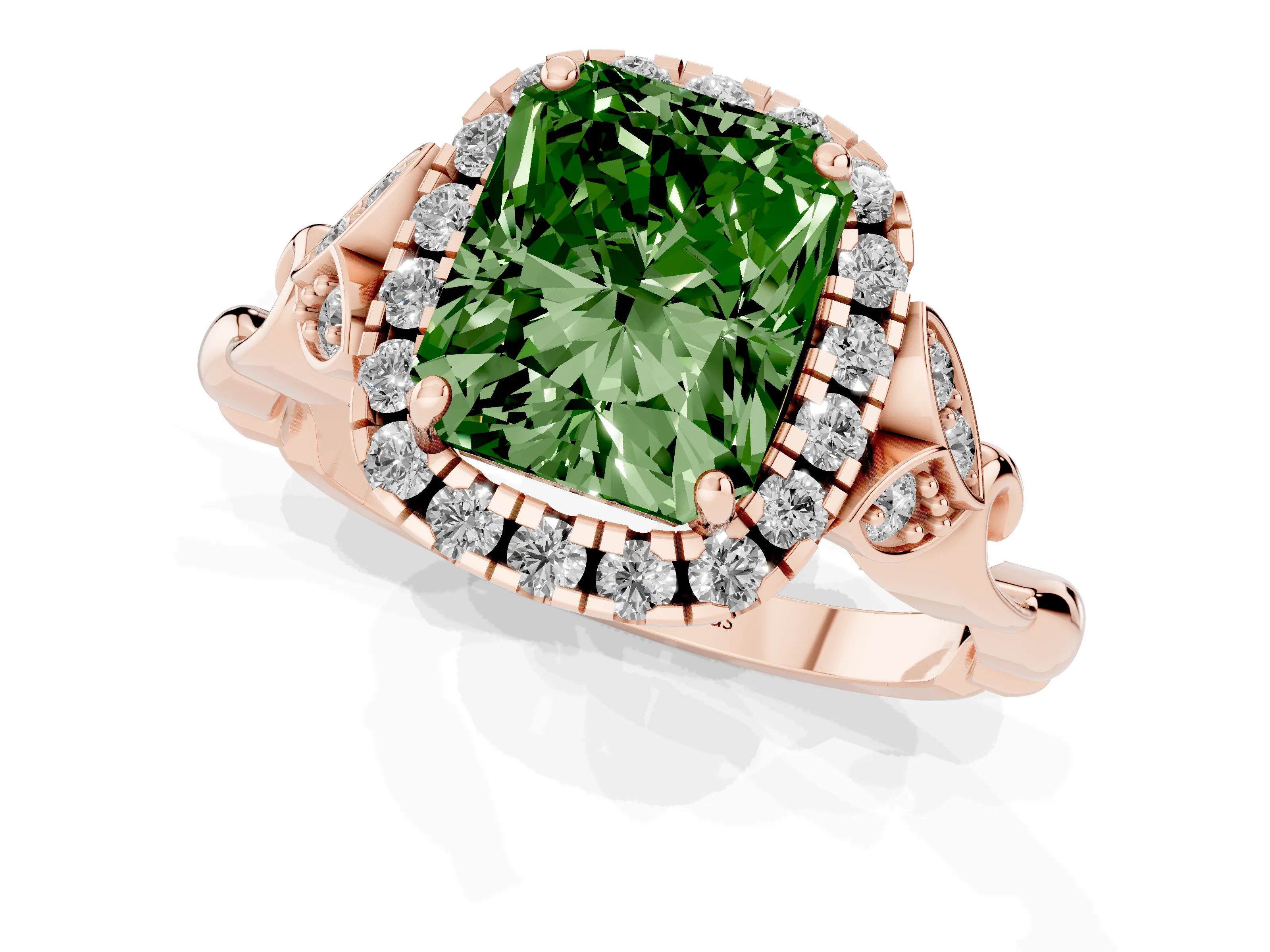 Fancy Green Radiant Cut Diamond Halo Engagement Ring Set in Rose gold with Vintage-Inspired Band and Prong Setting