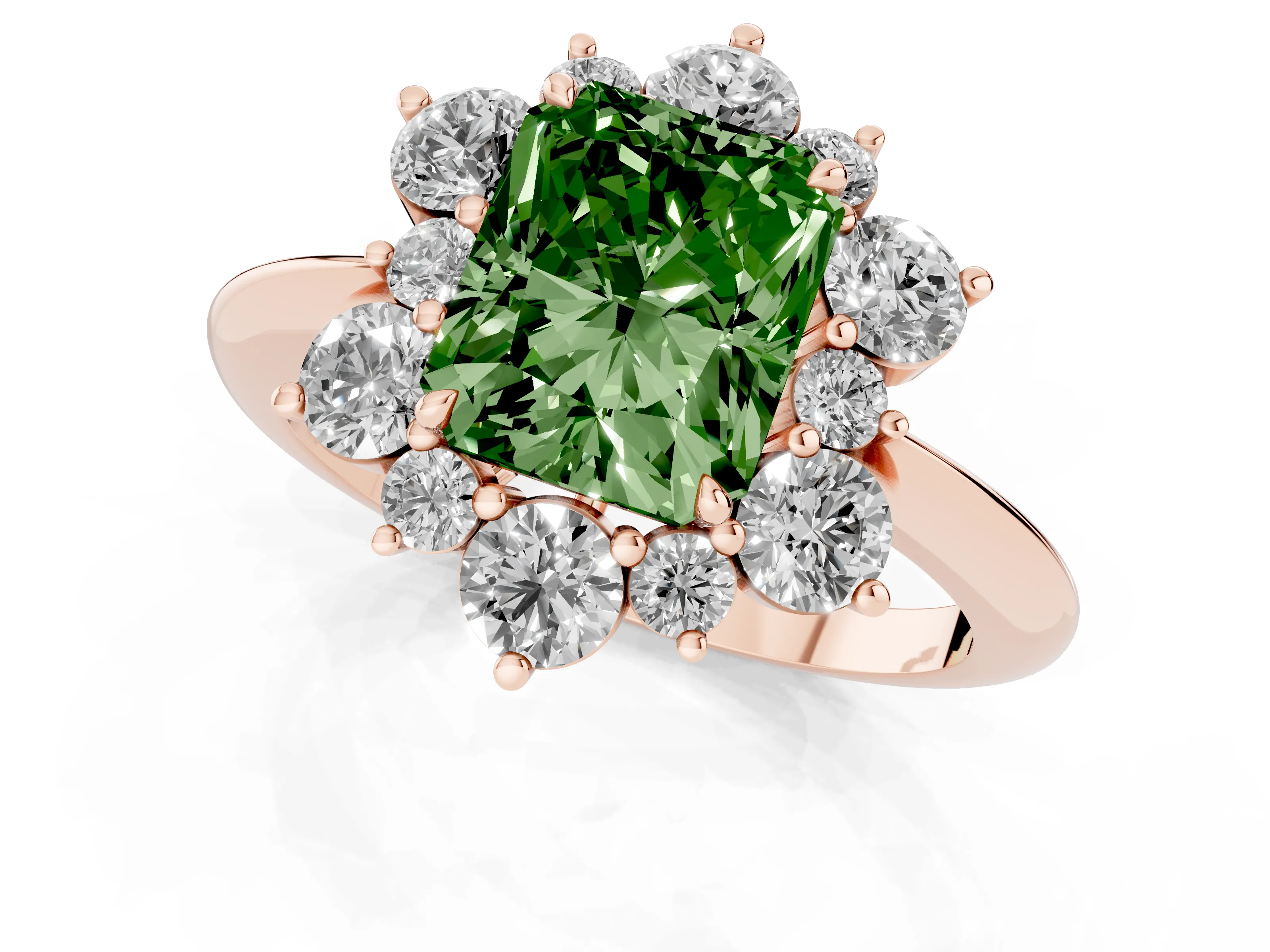 Fancy Green Radiant Cut Diamond Cluster Halo Ring Set in Rose gold with Solitaire Band and Prong Setting
