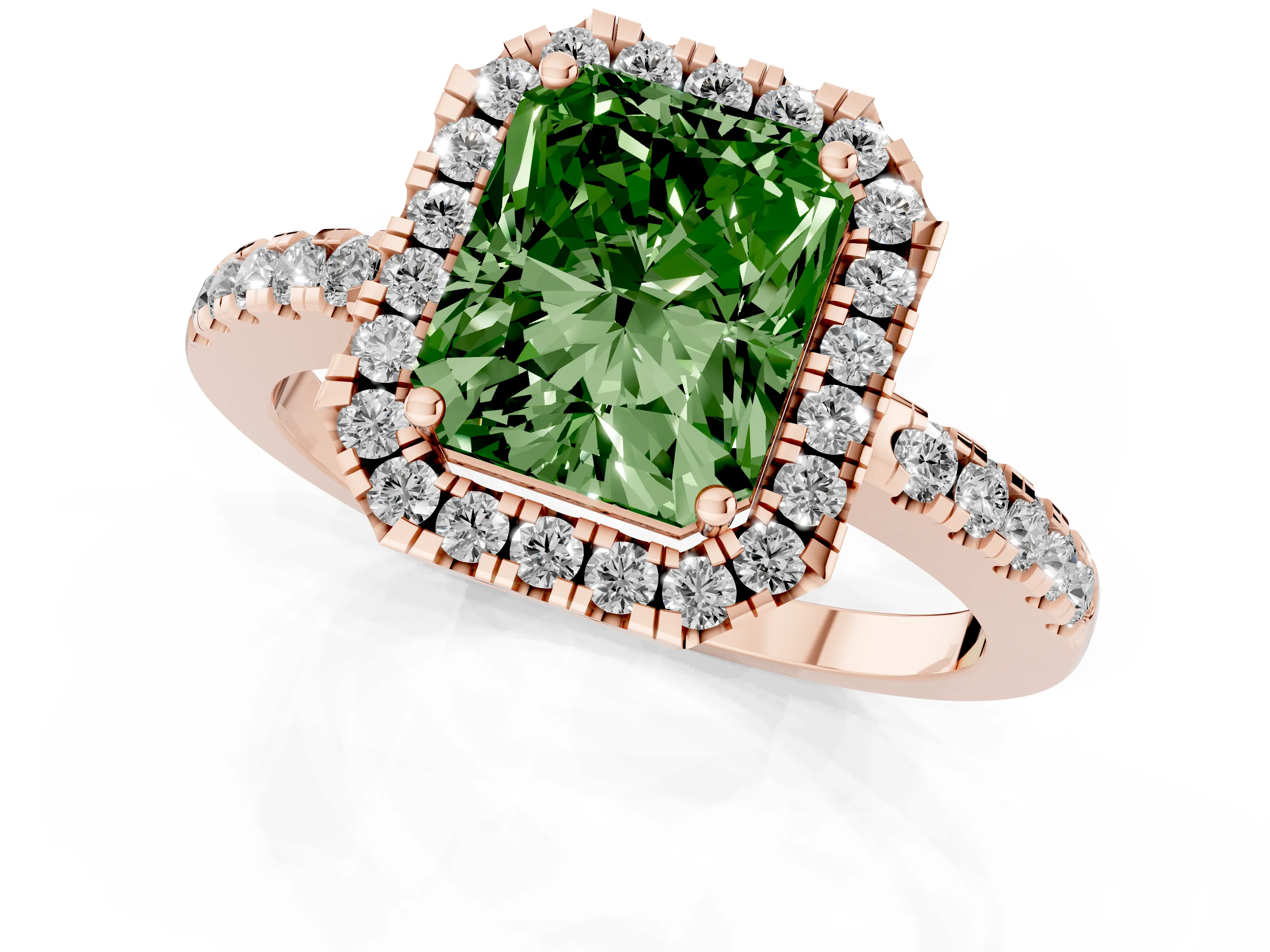Fancy Green Radiant Cut Diamond Pavé Band Halo Engagement Ring Set in Rose gold with Prong Setting