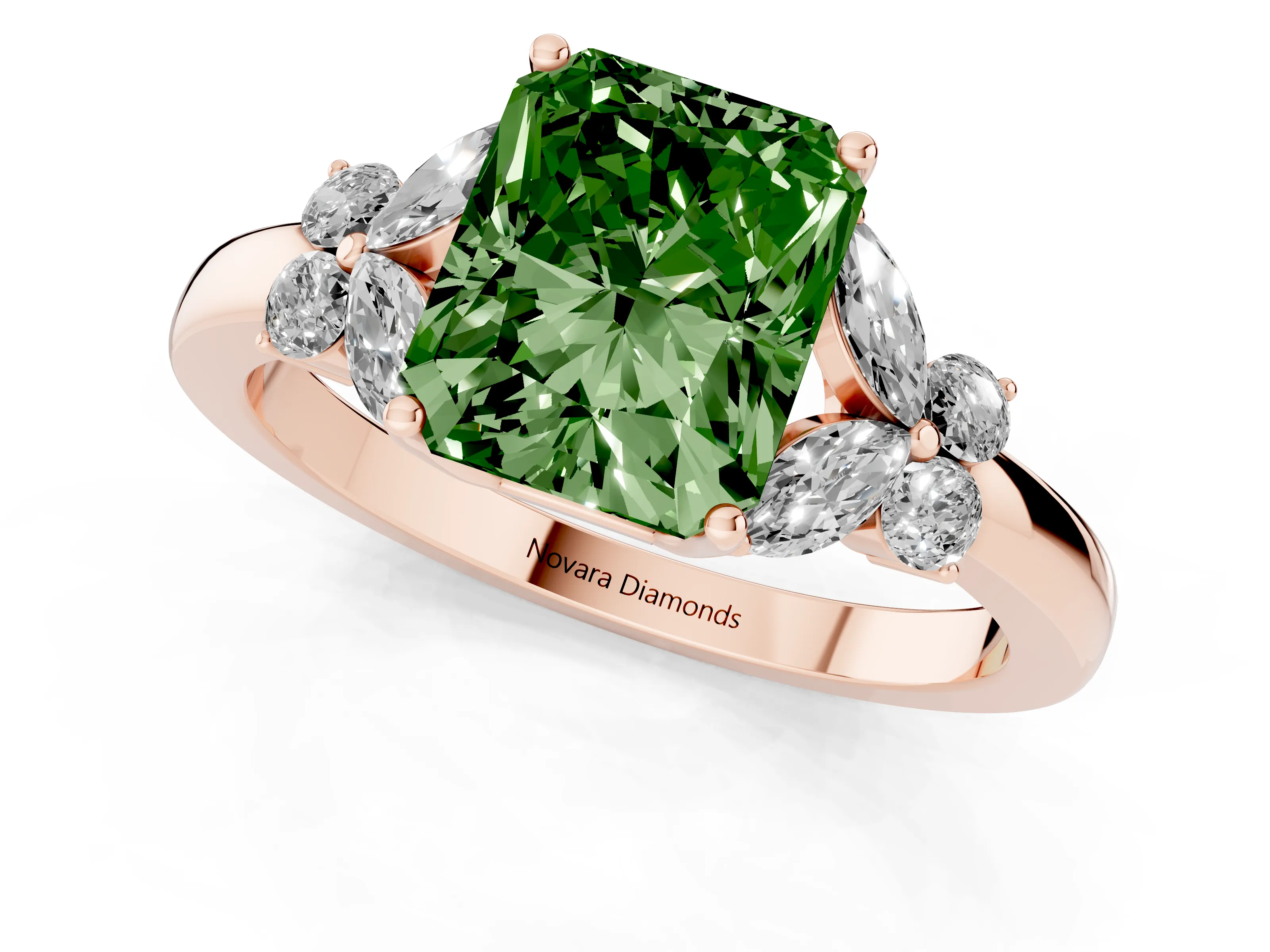 Fancy Green Radiant Cut Diamond Solitaire Floral Ring Set in Rose gold with Marquise Petals and Prong Setting