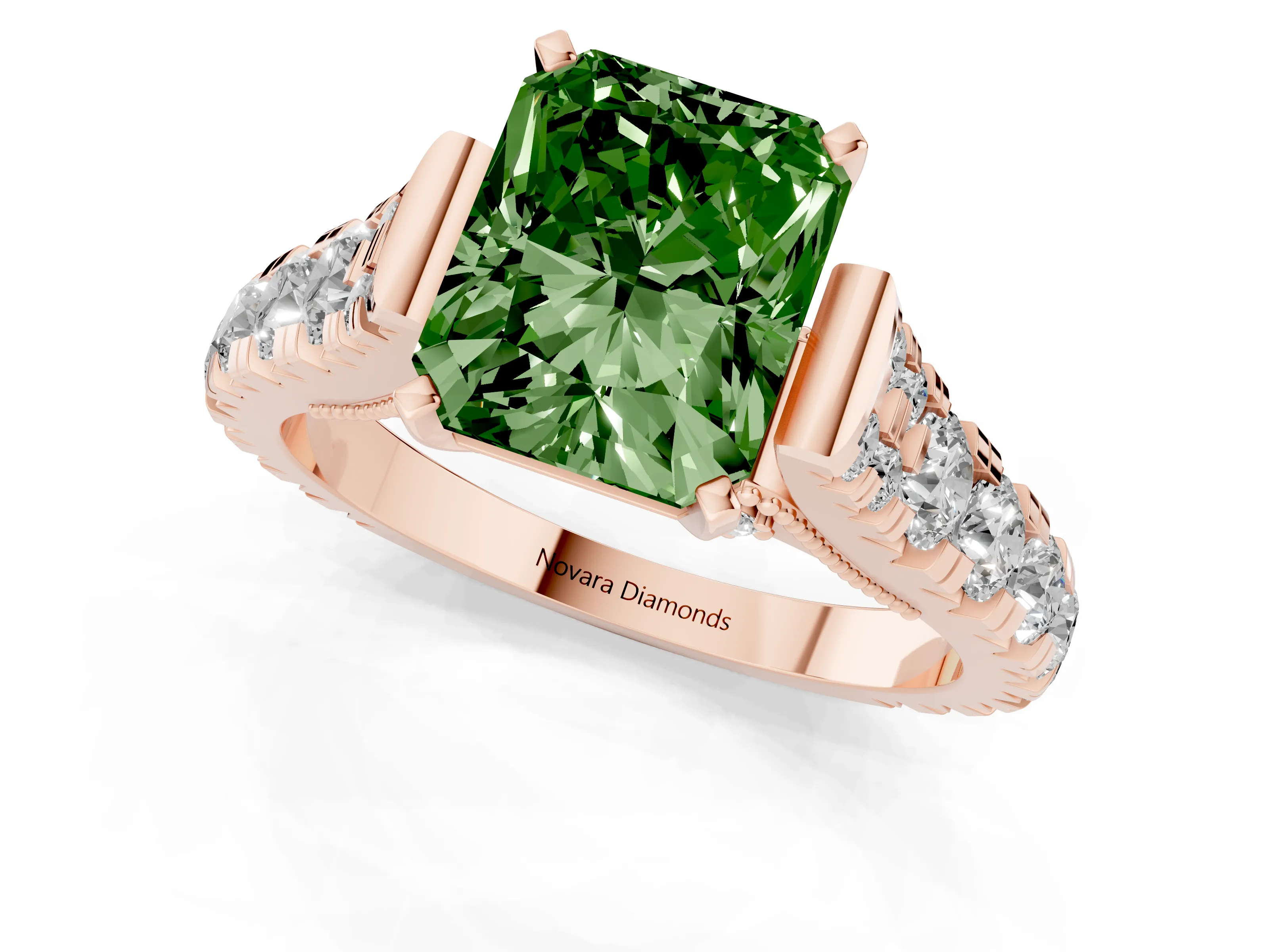 Fancy Green Radiant Cut Diamond Classic Solitaire Ring Set in Rose gold with Pavé Band and Prong Setting