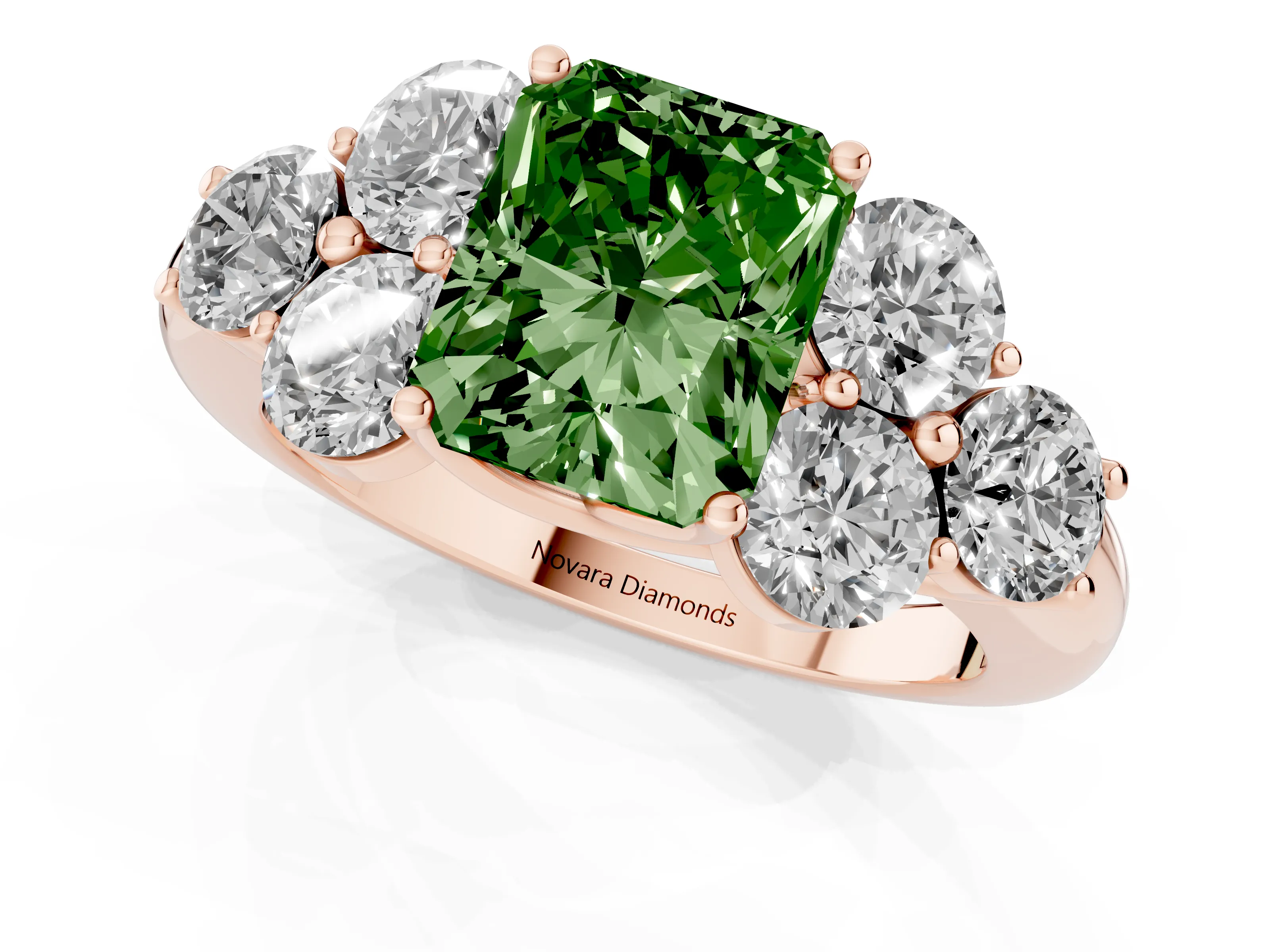 Fancy Green Radiant Cut Diamond Cluster Ring Set in Rose gold with Round Accent Stones and Prong Setting on a Plain Band