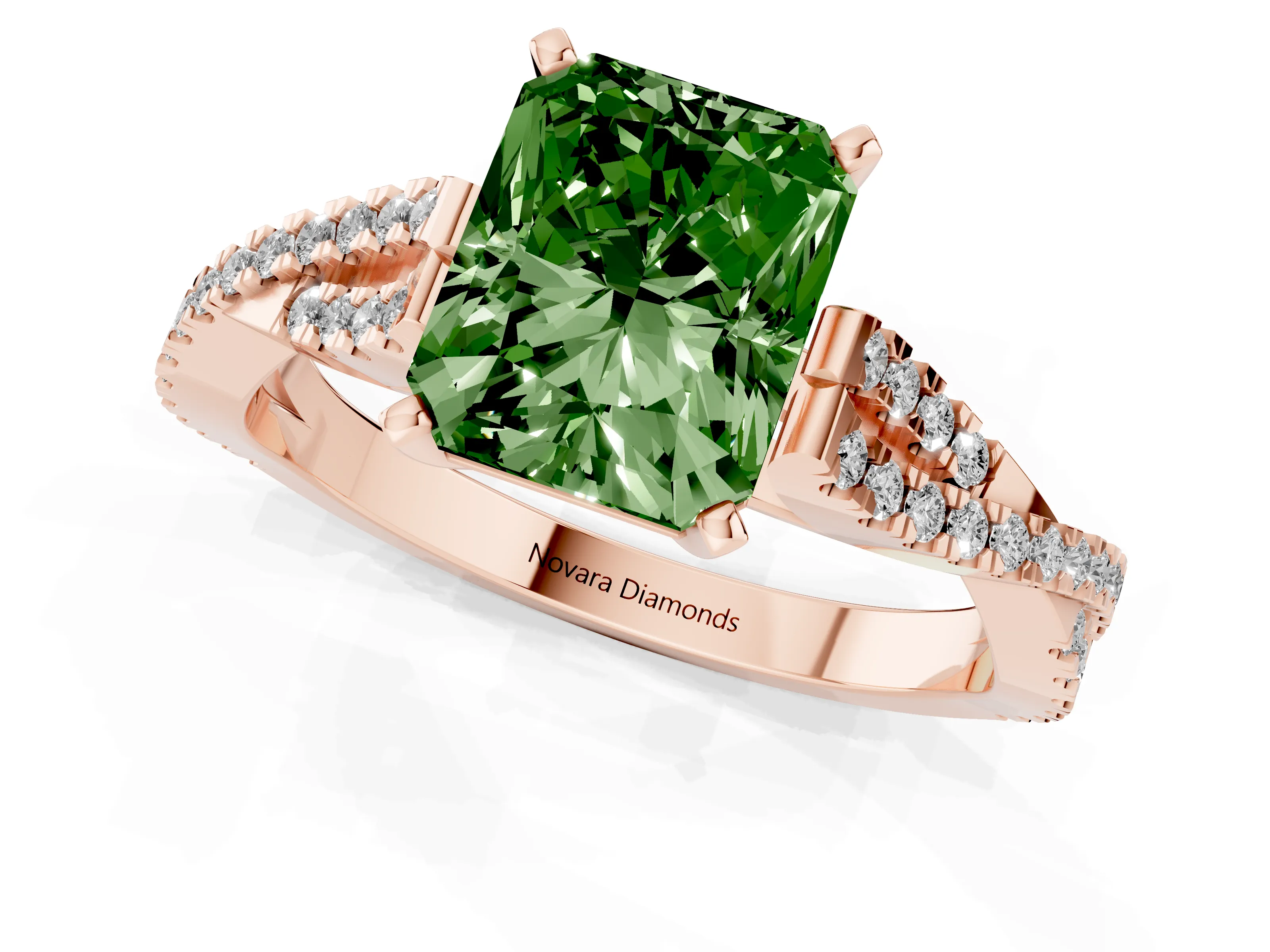 Fancy Green Radiant Cut Diamond Solitaire Engagement Ring Set in Rose gold with Twisted Pavé Band and Prong Setting