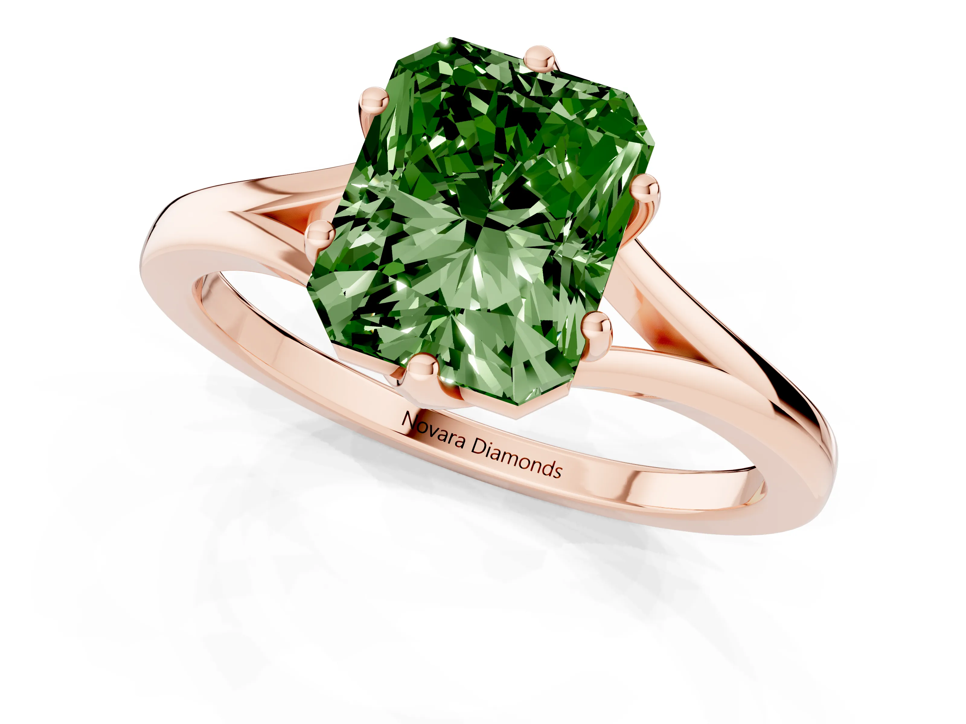 Fancy Green Radiant Cut Diamond Solitaire Ring Set in Rose gold with Polished Tapered Band and Prong Setting