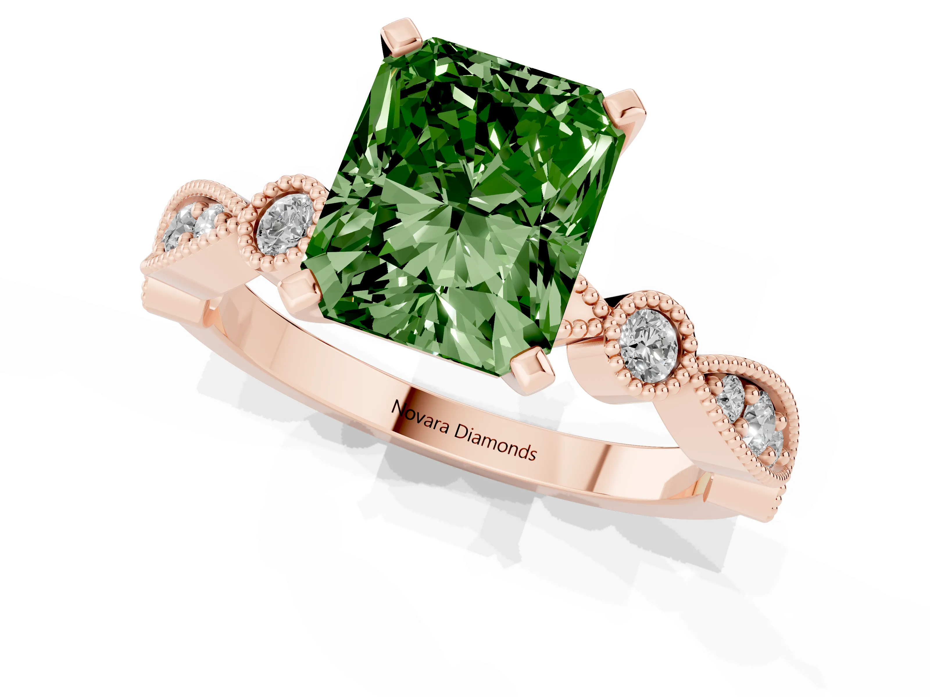Fancy Green Radiant Cut Diamond Solitaire Engagement Ring Set in Rose gold with Milgrain Bezel Accent Band