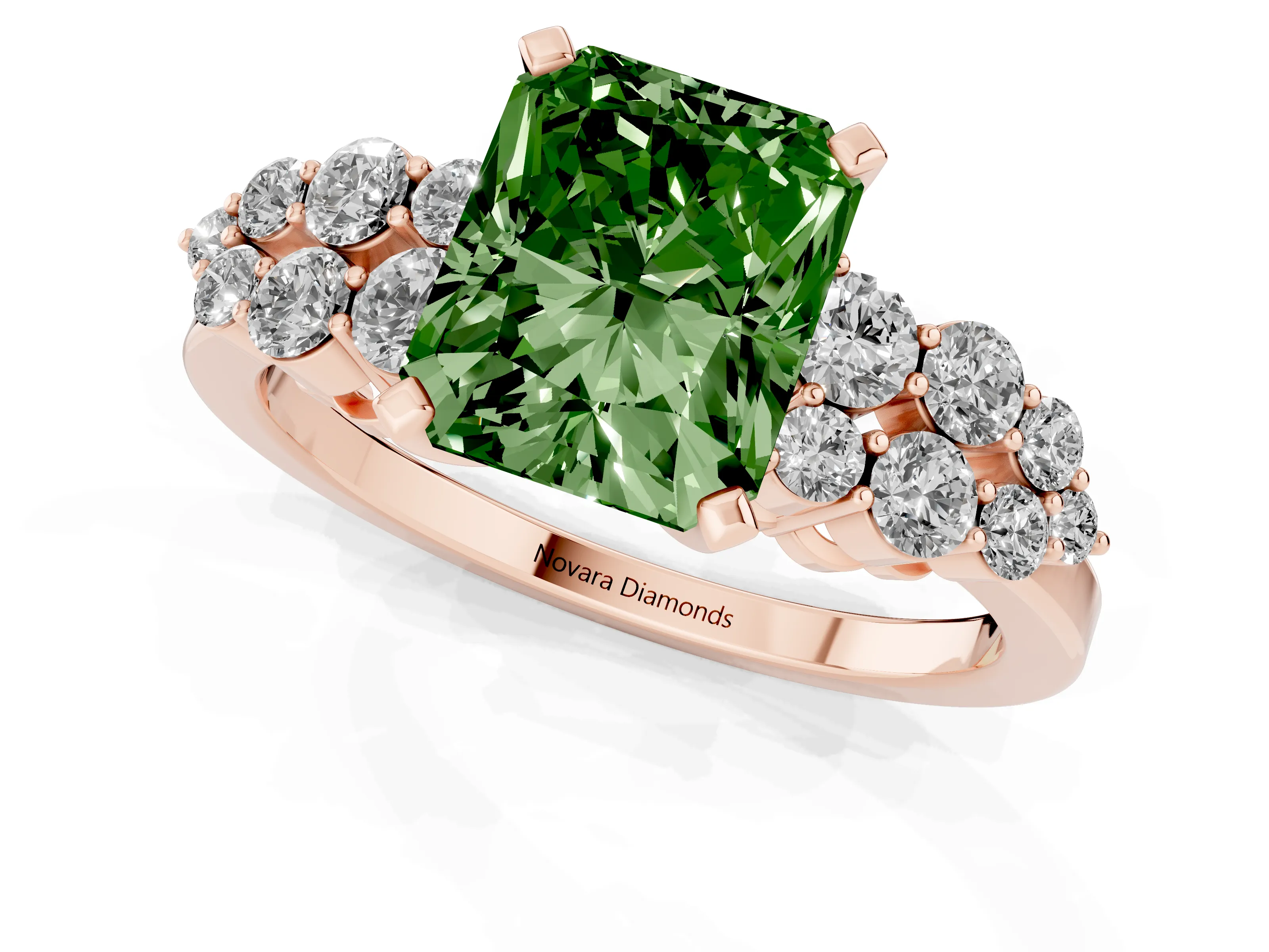 Fancy Green Radiant Cut Diamond Cluster Engagement Ring Set in Rose gold with Pavé Band and Prong Setting