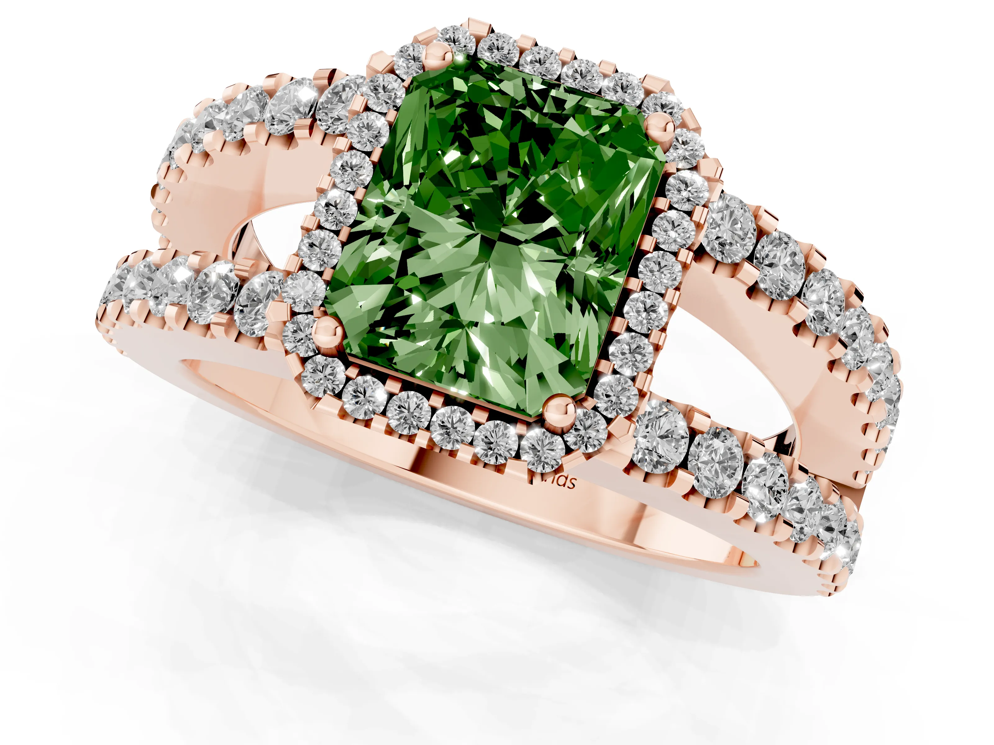 Fancy Green Radiant Cut Diamond Halo Ring Set in Rose gold with Pavé Split Shank and Prong Setting