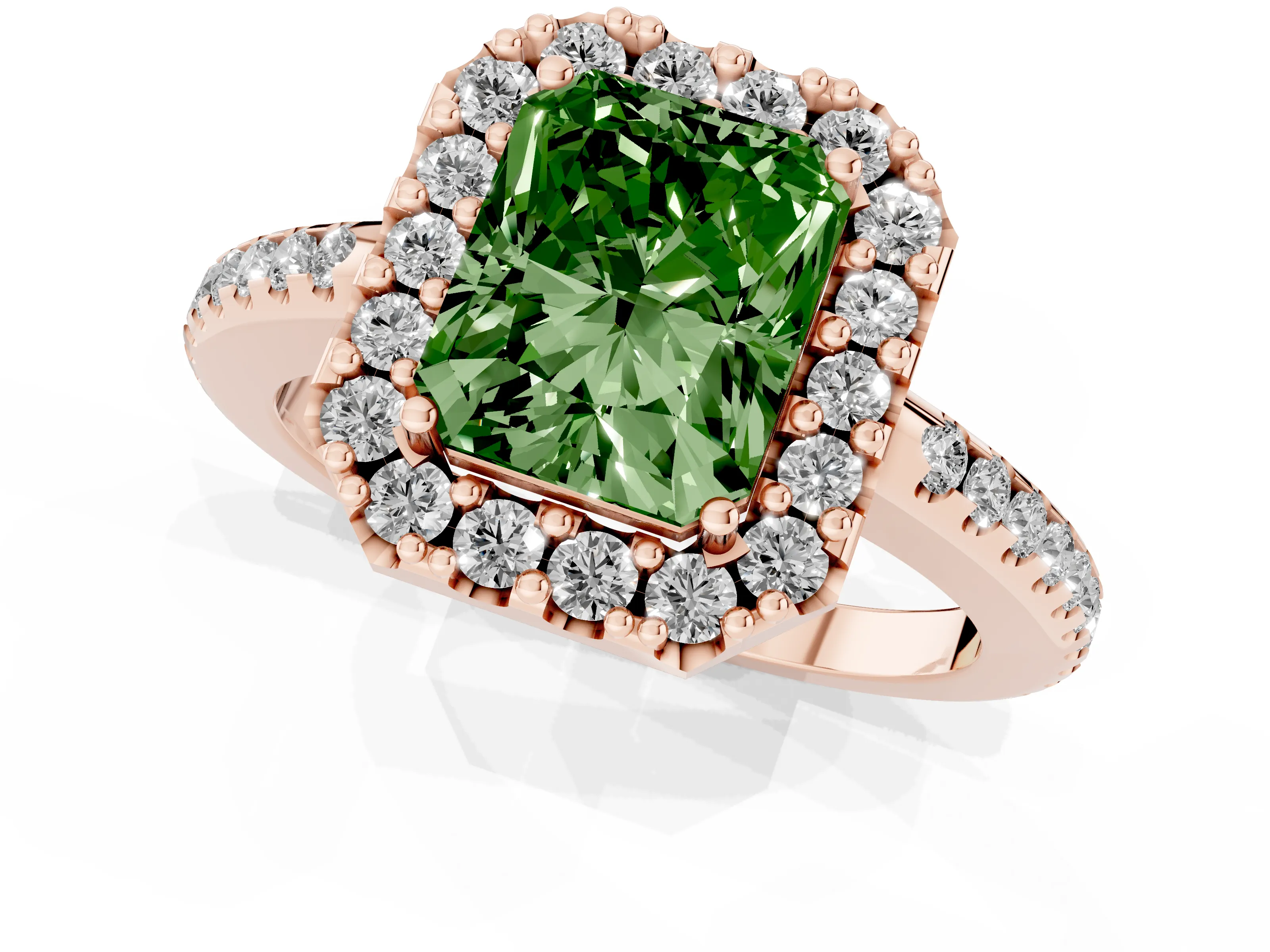 Fancy Green Radiant Cut Diamond Pavé Halo Ring Set in Rose gold with Prong Setting