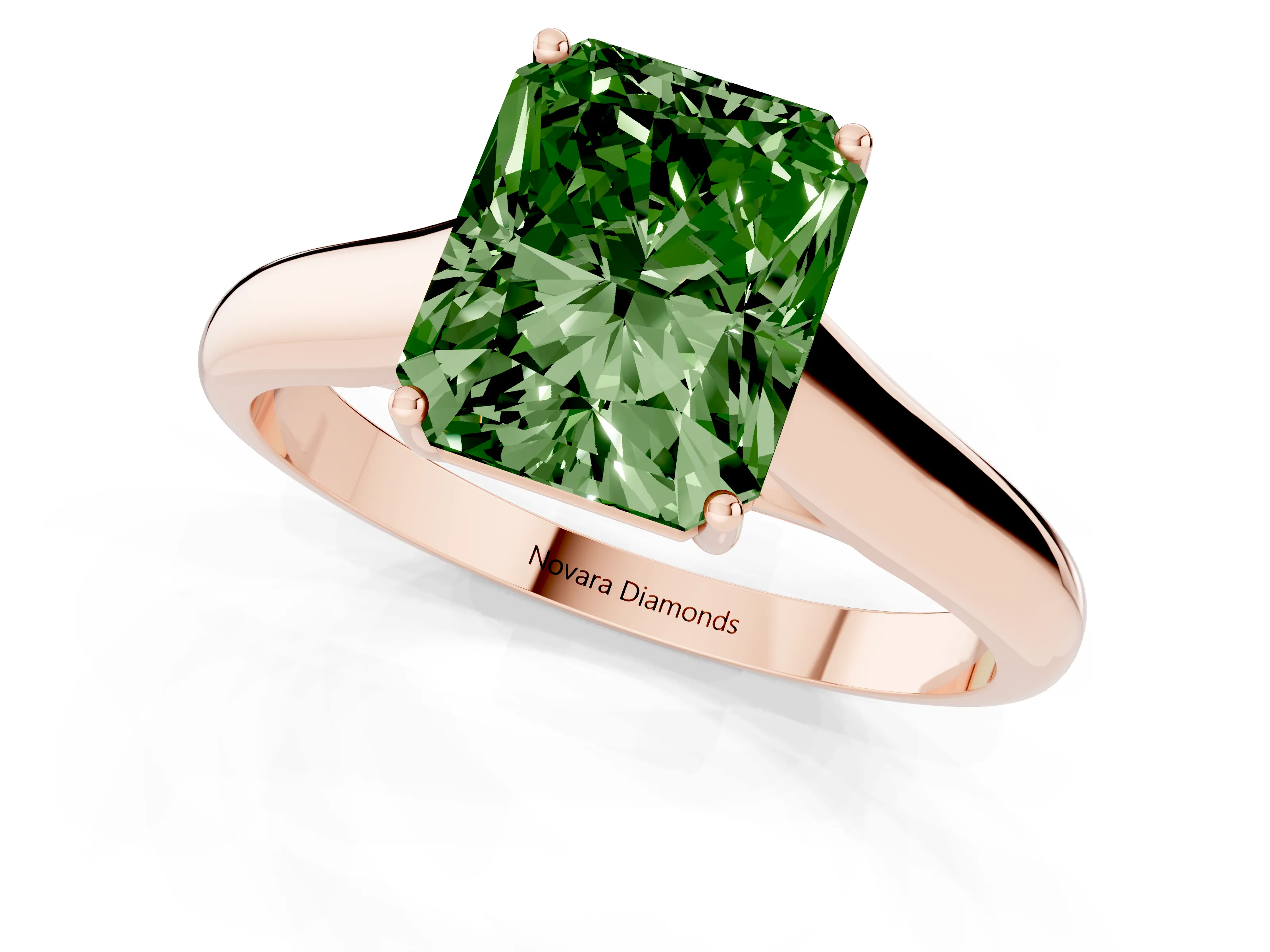Fancy Green Radiant Cut Diamond Solitaire Engagement Ring Set in Rose gold with Subtly Tapered Band and Prong Setting