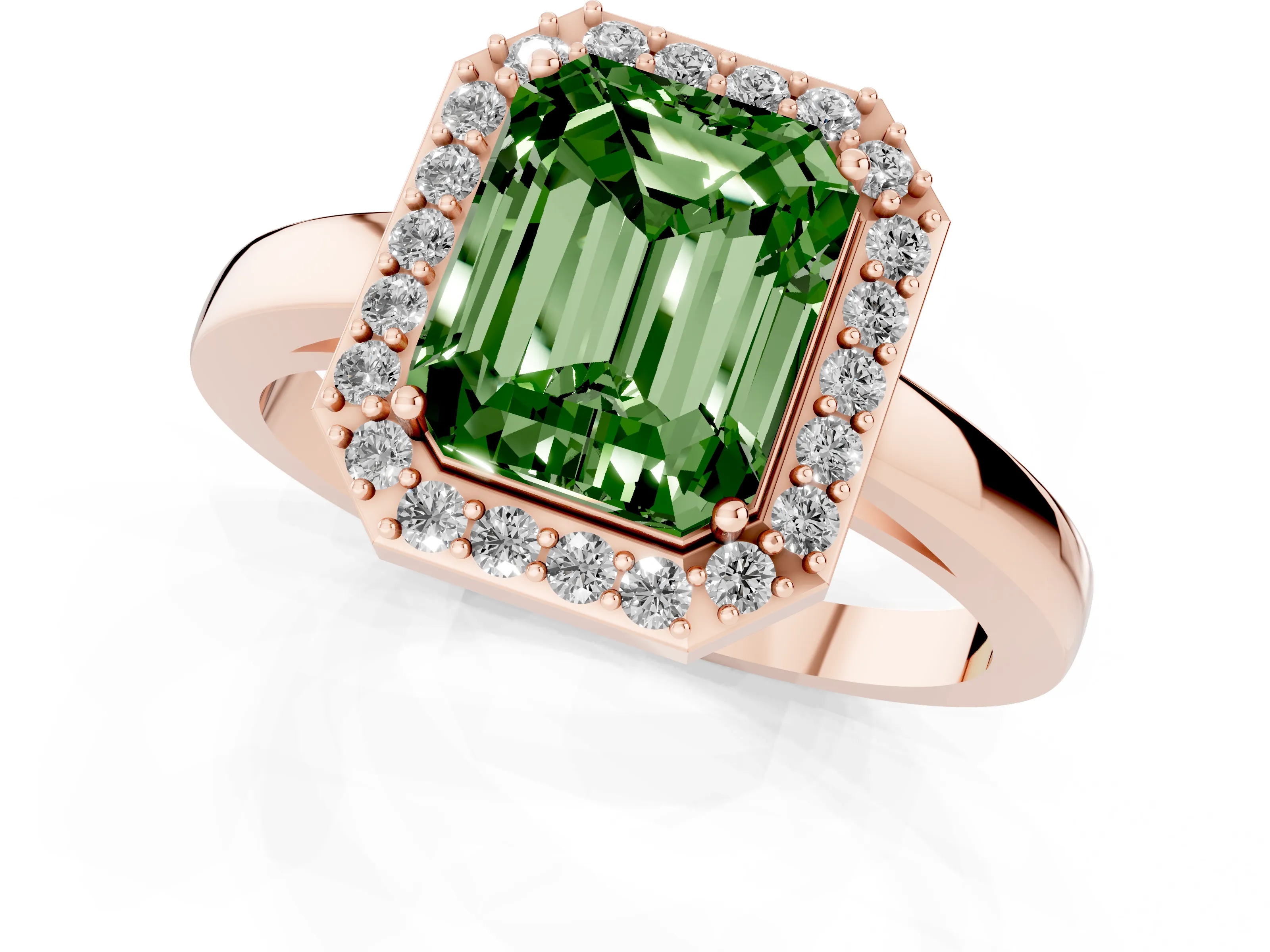 Fancy Green Radiant Cut Diamond Halo Ring Set in Rose gold with Solitaire Band and Prong Setting