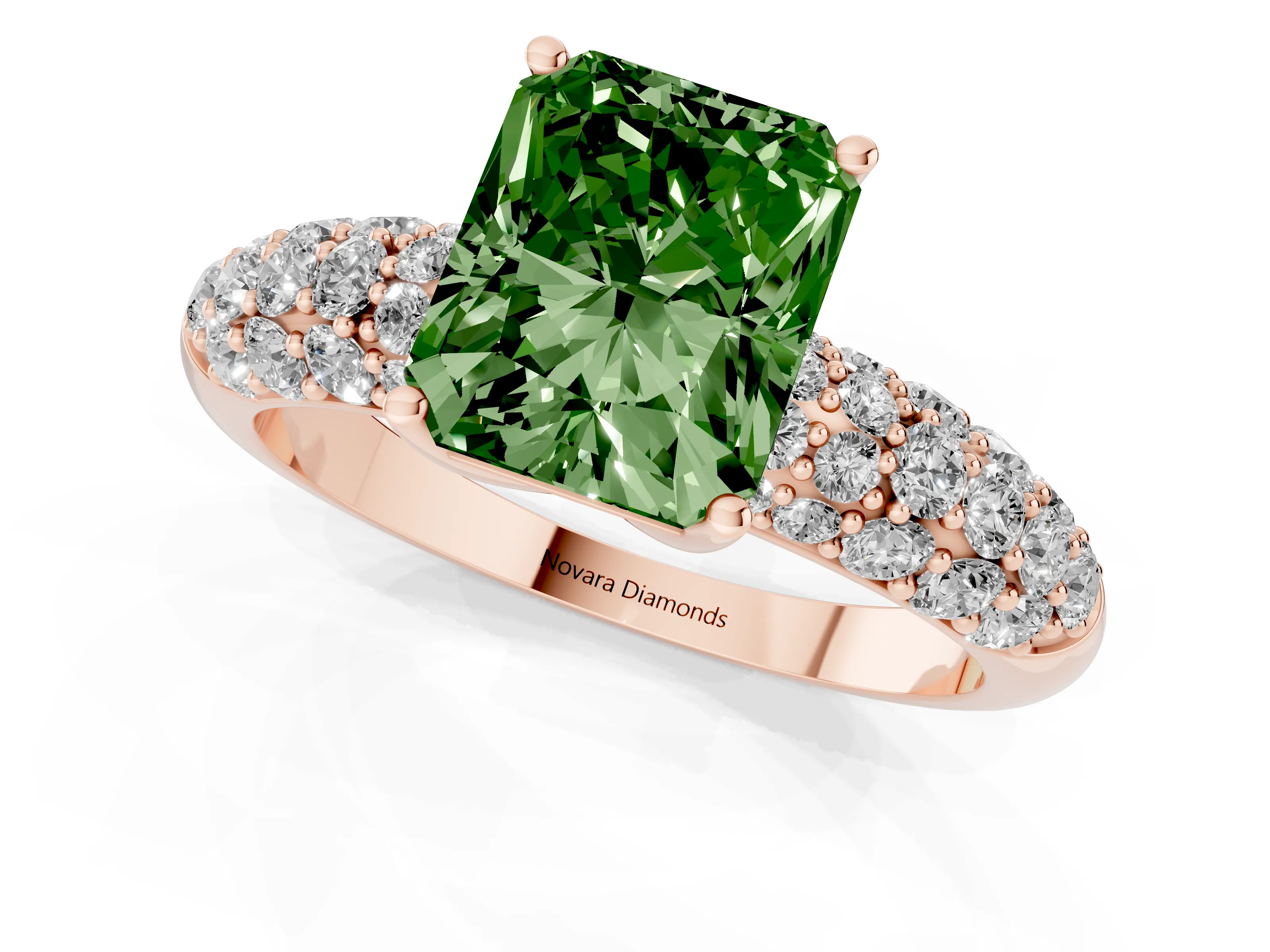 Fancy Green Radiant Cut Diamond Pavé Band Solitaire Ring Set in Rose gold with Close-Set Accent Stones and Prong Setting