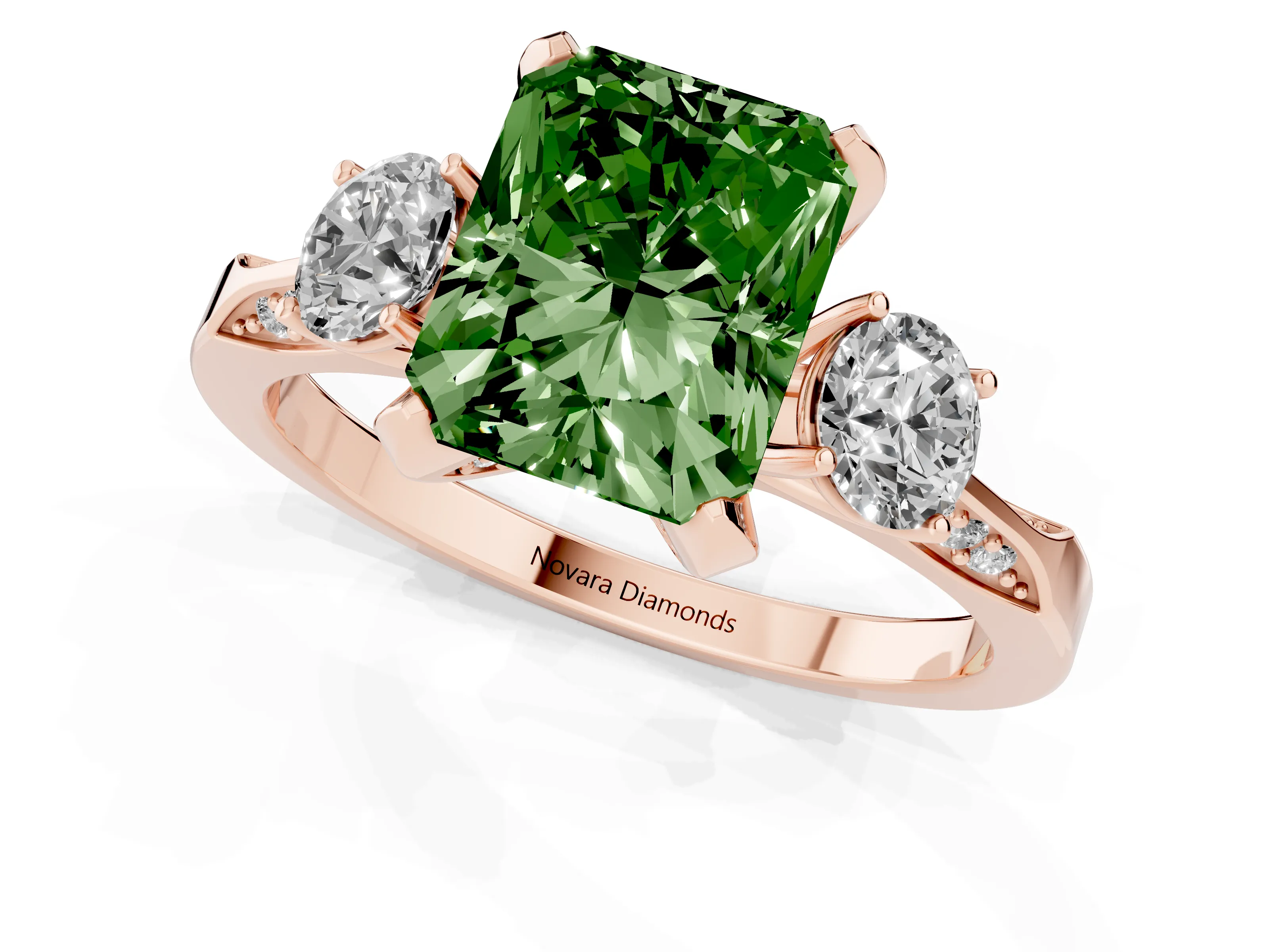 Fancy Green Radiant Cut Diamond Three-Stone Ring Set in Rose gold with Pavé Band and Smaller Side Stones