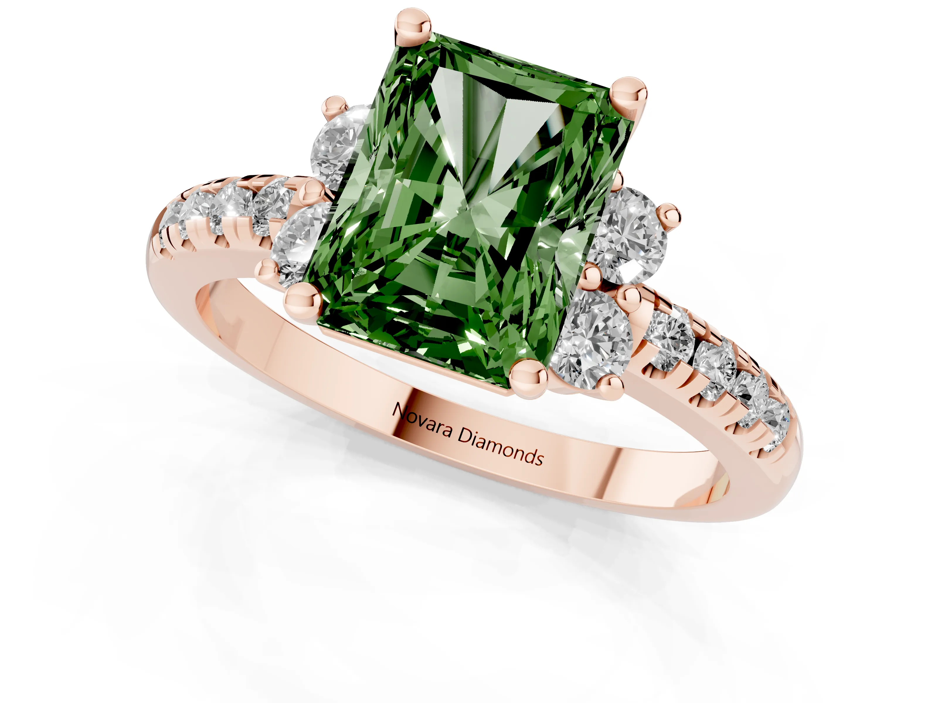 Fancy Green Radiant Cut Diamond Three-Stone Pavé Ring Set in Rose gold with Prong Setting